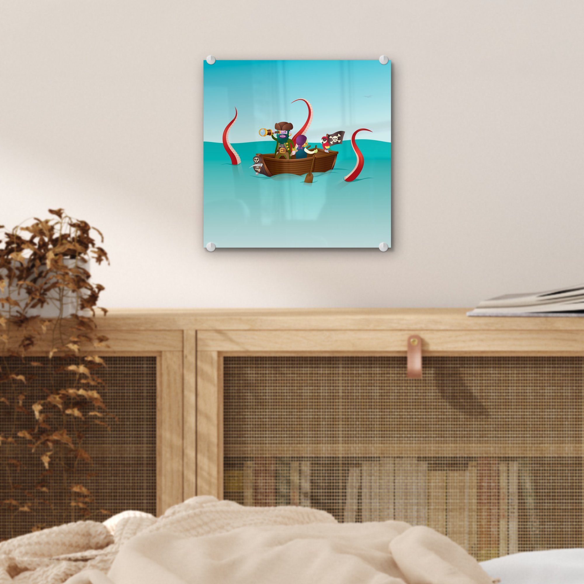 MuchoWow Acrylglasbild Kinderillustration von zwei (1 Wandbild auf Foto Glas - Wanddekoration - Glasbilder Bilder auf Piraten - St), See, Glas auf