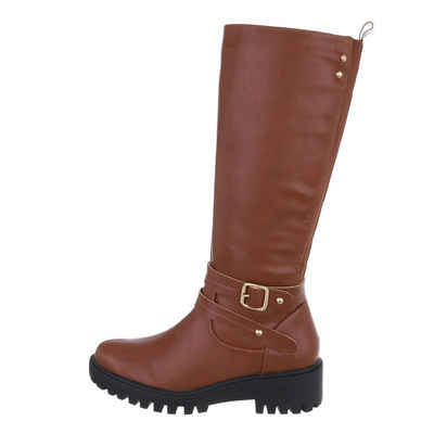 Ital-Design Damen Freizeit Stiefel Blockabsatz Klassische Stiefel in Camel