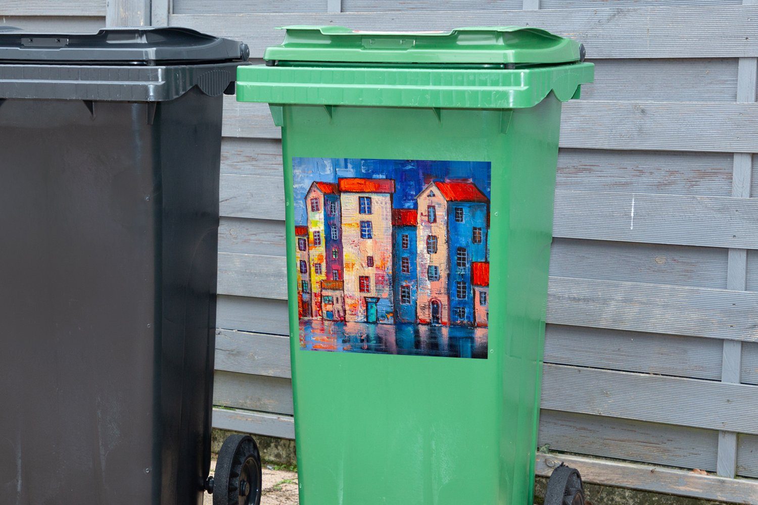 Ölfarbe Gemälde Sticker, - Mülltonne, (1 Mülleimer-aufkleber, Haus - Container, Abfalbehälter - MuchoWow Wandsticker St), Wasser