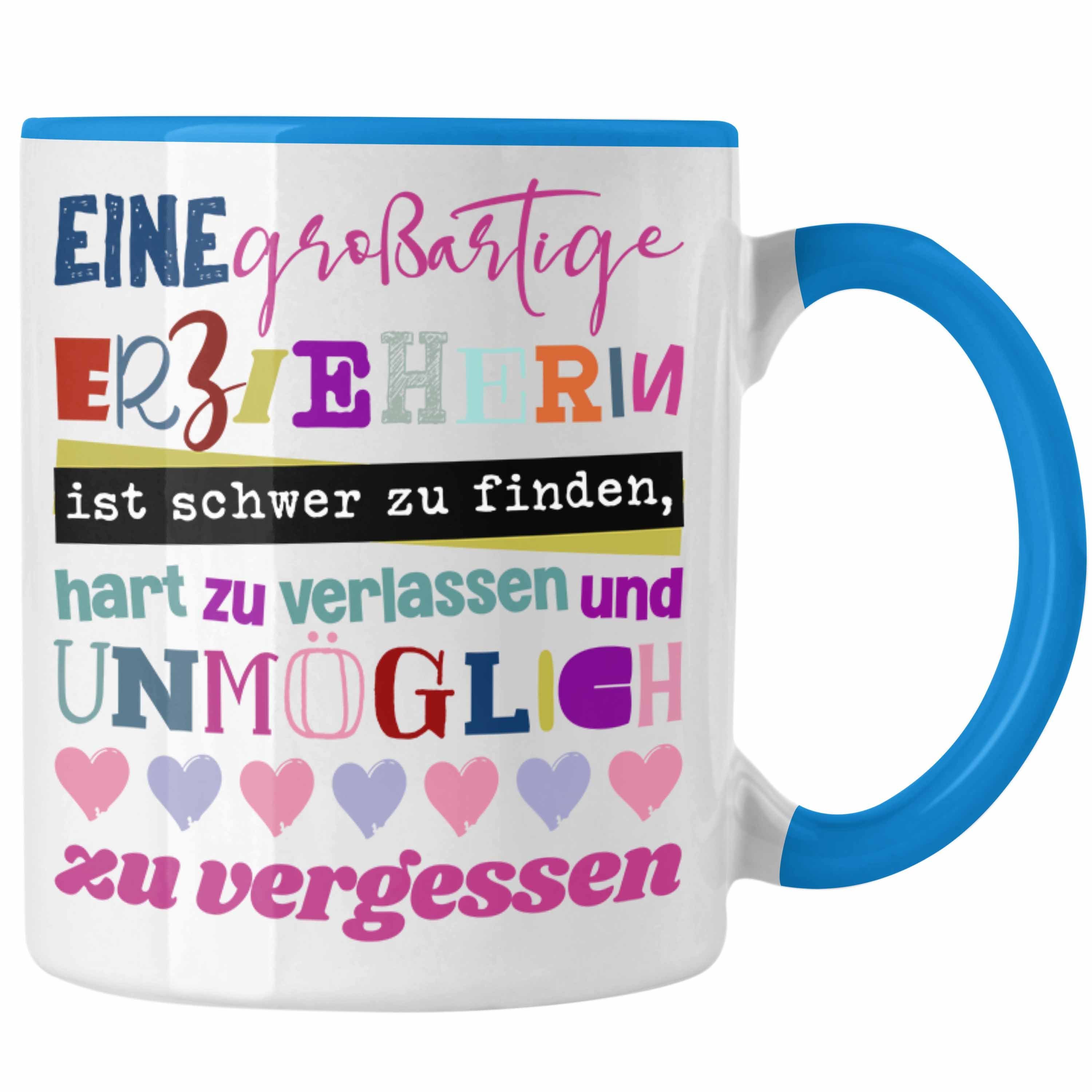 Trendation Tasse Trendation - Großartige Erzieherin Tasse Geschenk Abschied Kindergärtnerin Geschenkidee Spruch Blau