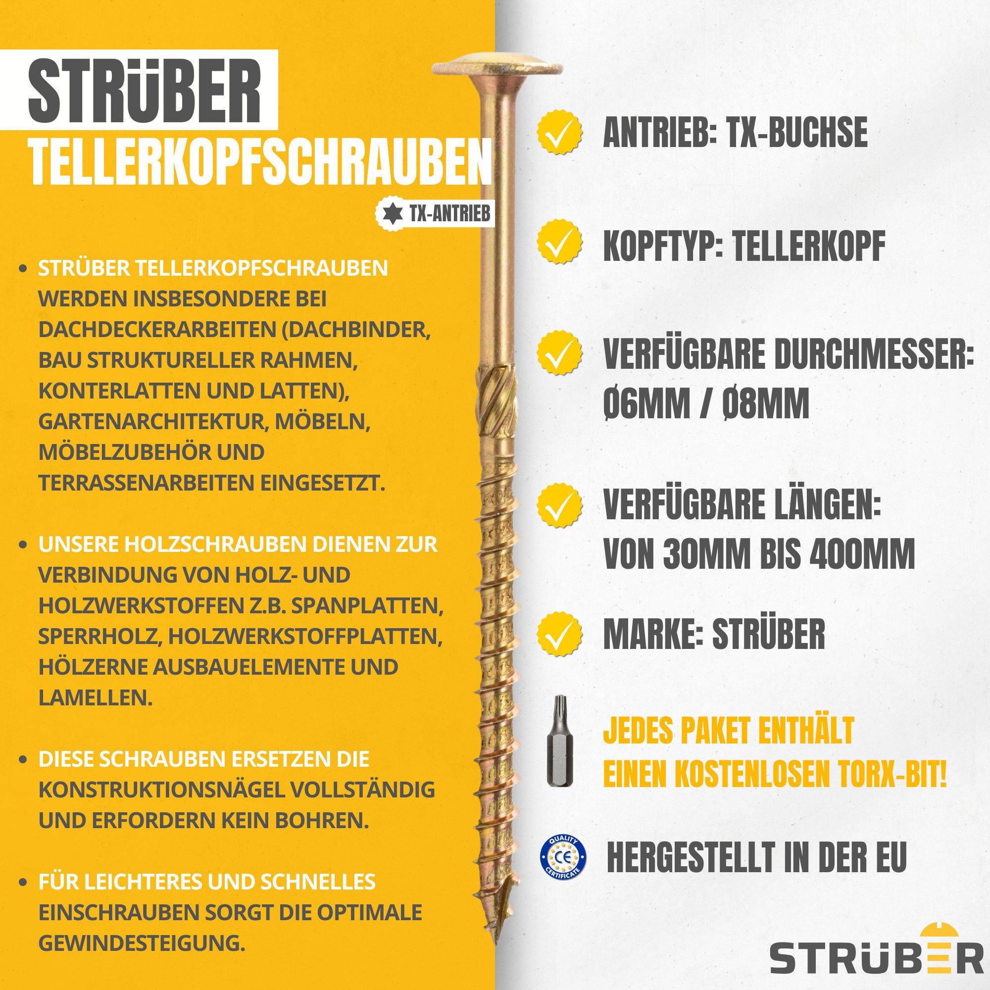 STRÜBER Holzbauschraube Tellerkopfschrauben mit Torx-Antrieb
