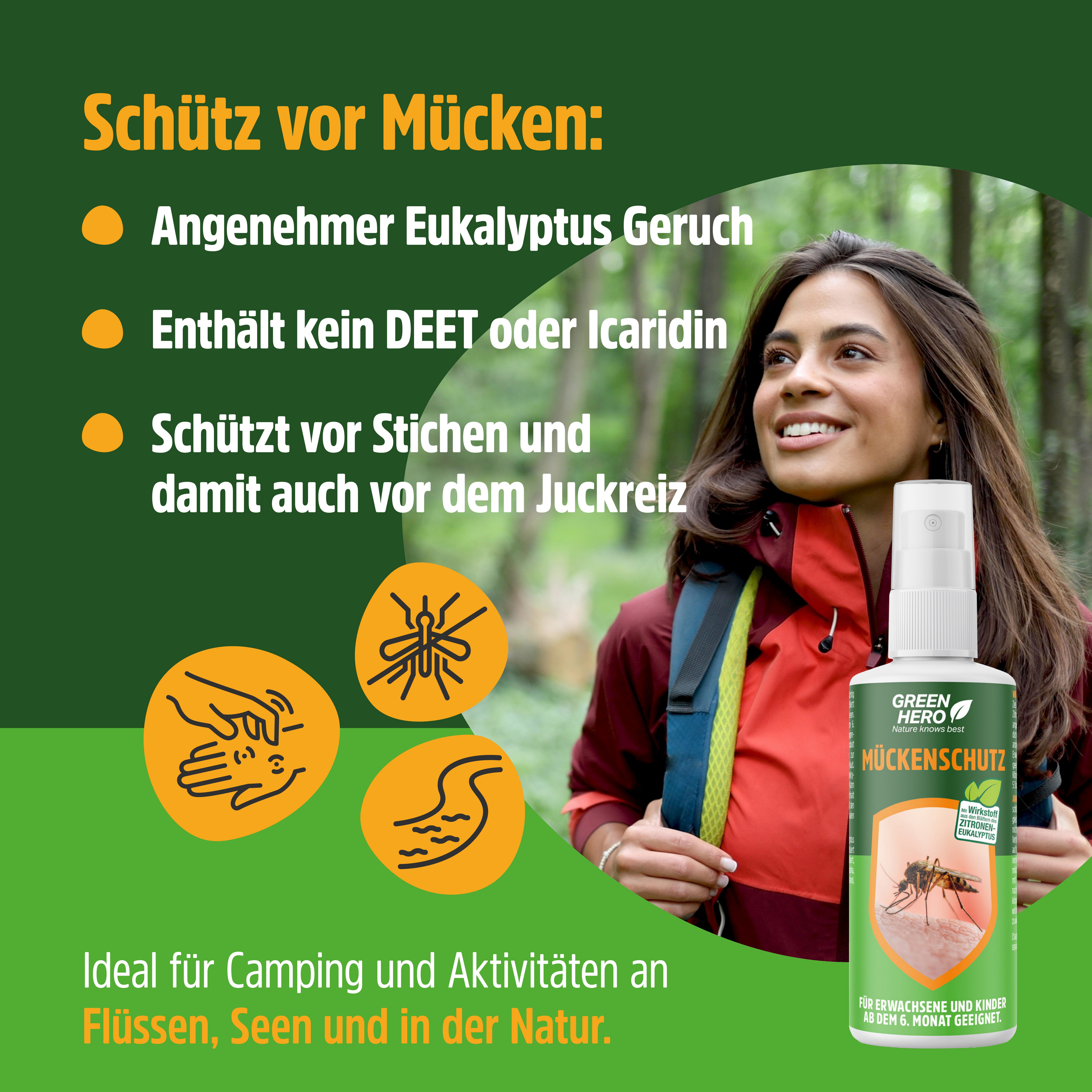 GreenHero Insektenspray Mückenspray schützt vor Steckmücken, Moskitos & Zecken, 100 ml, Mückenschutz