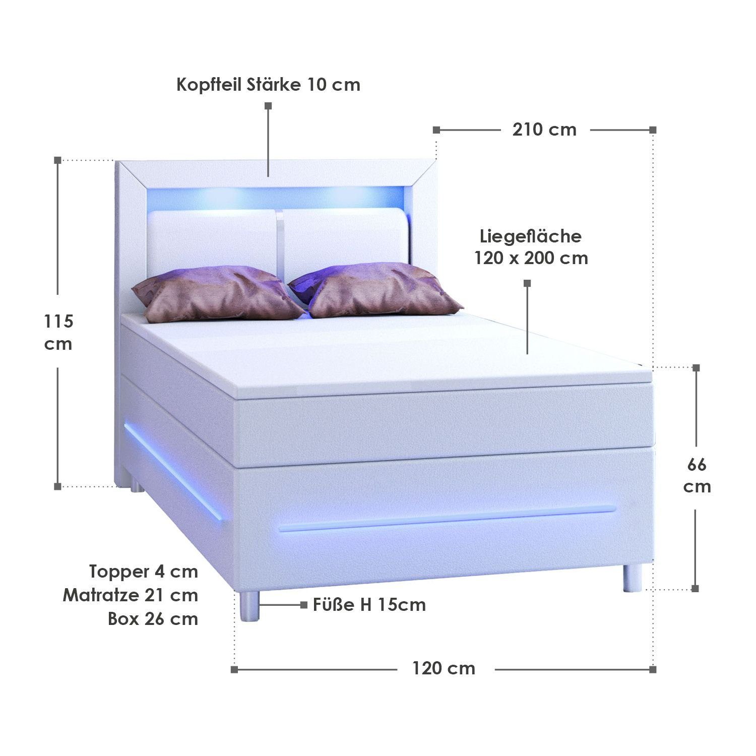 und Bett 200 Kopfteil cm, Norfolk, Topper, LED-Beleuchtung Juskys Federkernmatratze, 120 x weiß mit Boxspringbett