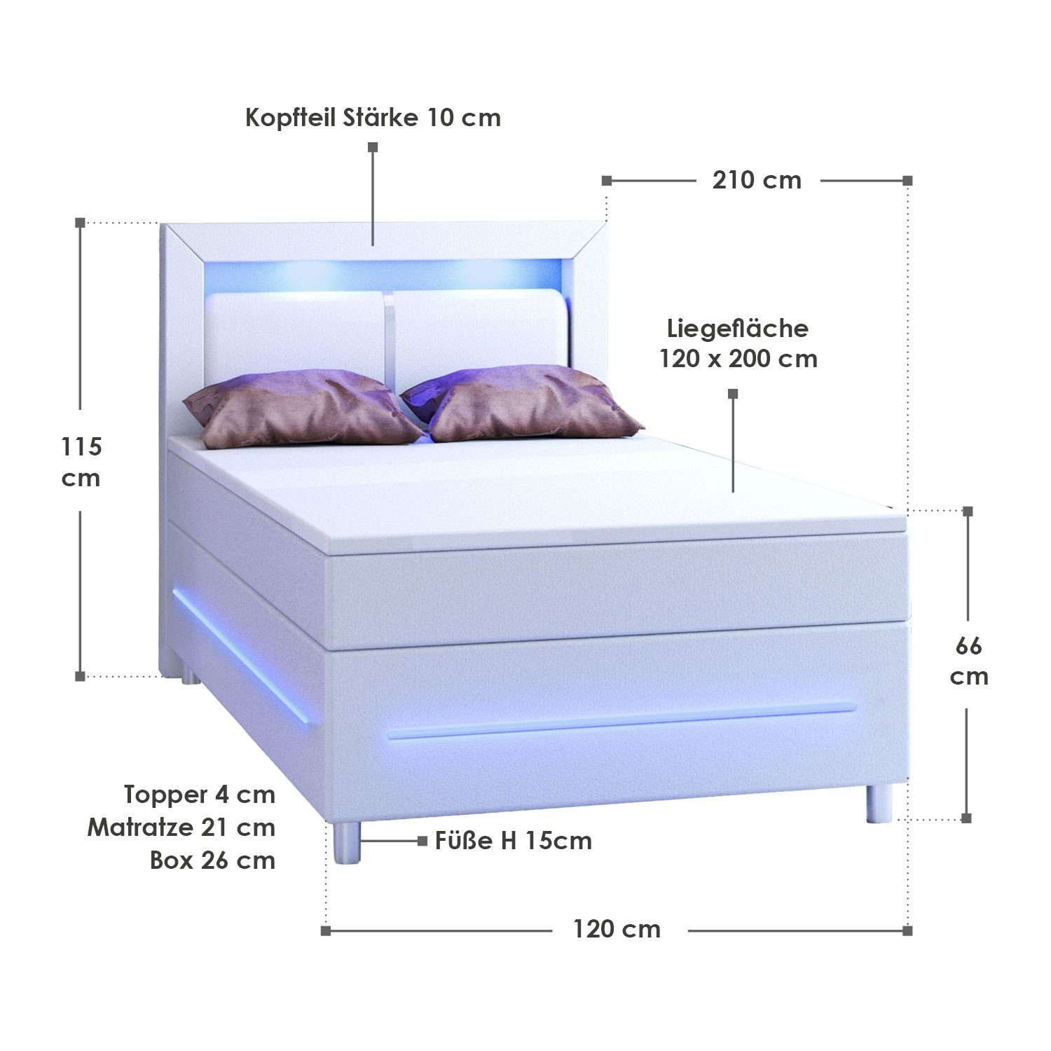 Juskys Boxspringbett Bett Federkernmatratze, 120 cm, 200 Topper, Kopfteil und mit Norfolk, x LED-Beleuchtung weiß