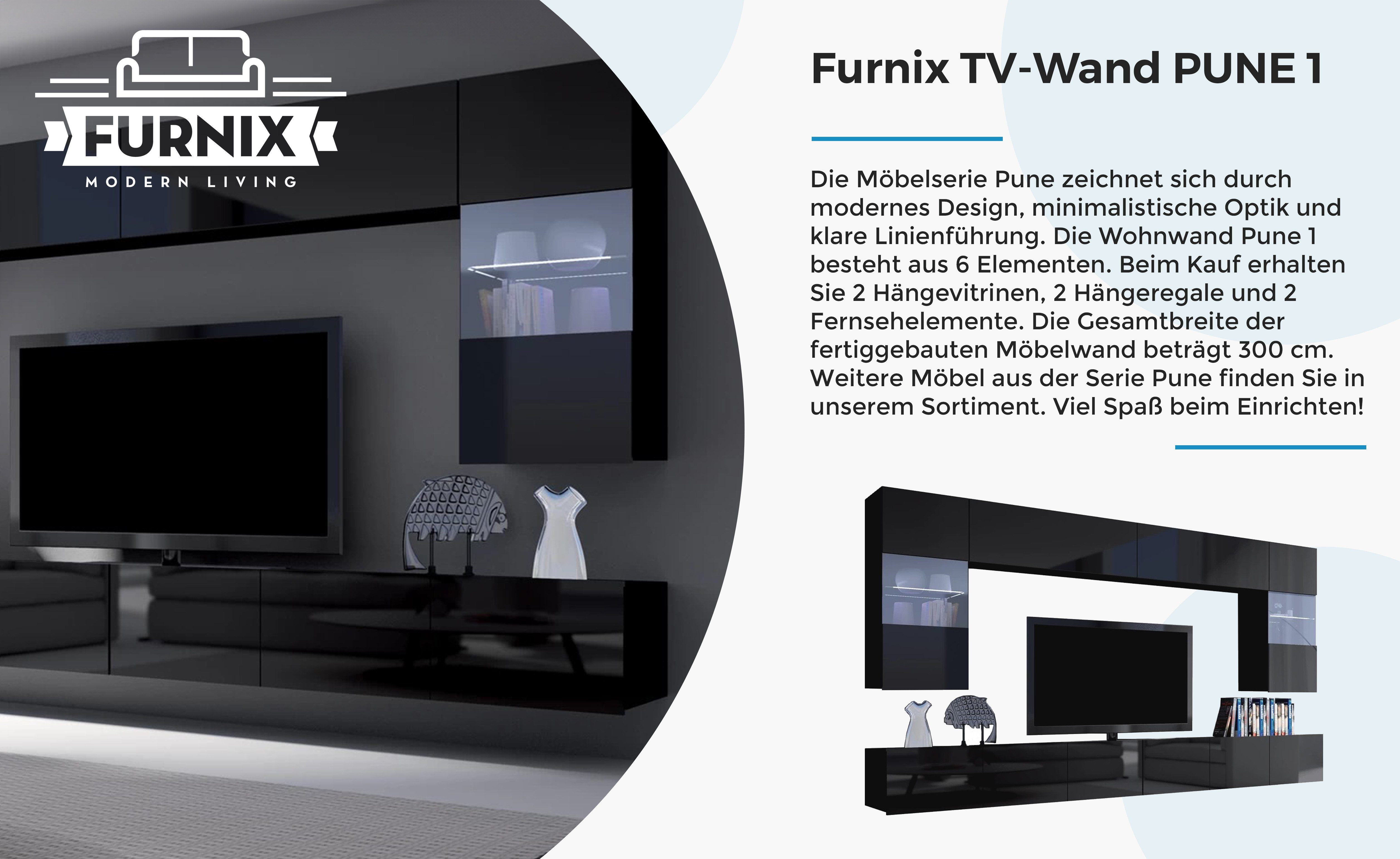 Furnix TV-Wand PUNE 1 6-teilig Schwarz breit Glanz Möbelwand Mediawand Farbauswahl, geräumig, 300 Wohnwand cm