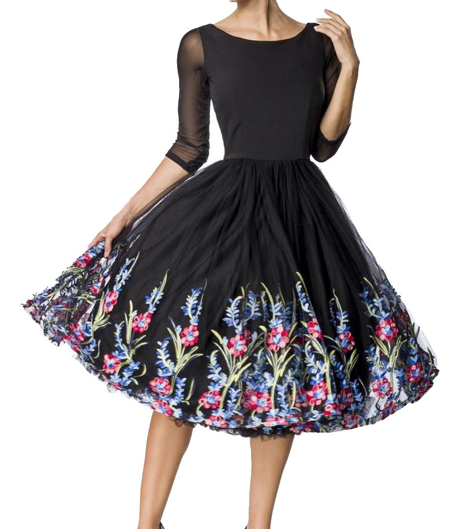Atixo Minikleid Schwarzes knielanges Swing Kleid im High Waist Schnitt mit Netz und St