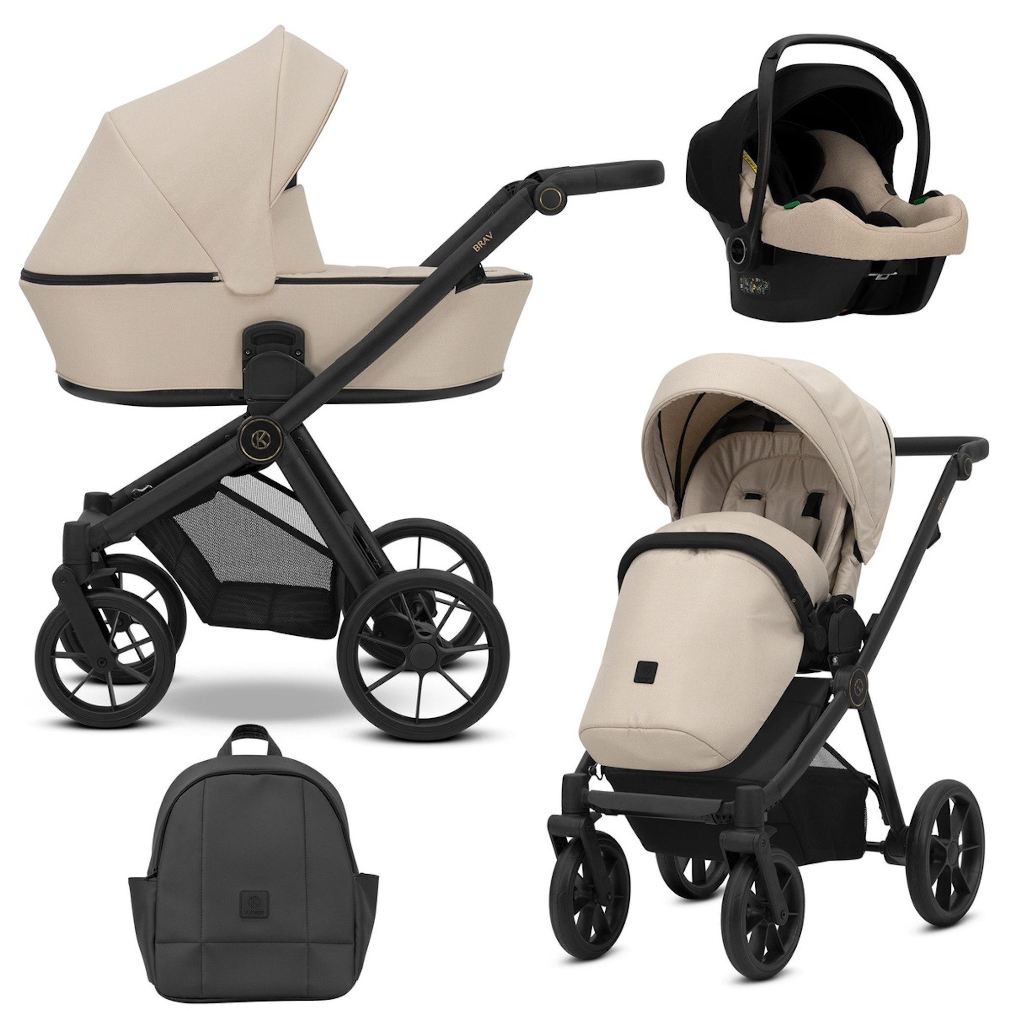 KUNERT Kombi-Kinderwagen BRAV 3 in1 Kinderwagen mit schwarzem Rahmen, Gelrädern und Autositz, Leichtes Aluminiumgestell, 5-Punkt-Sicherheitsgurte