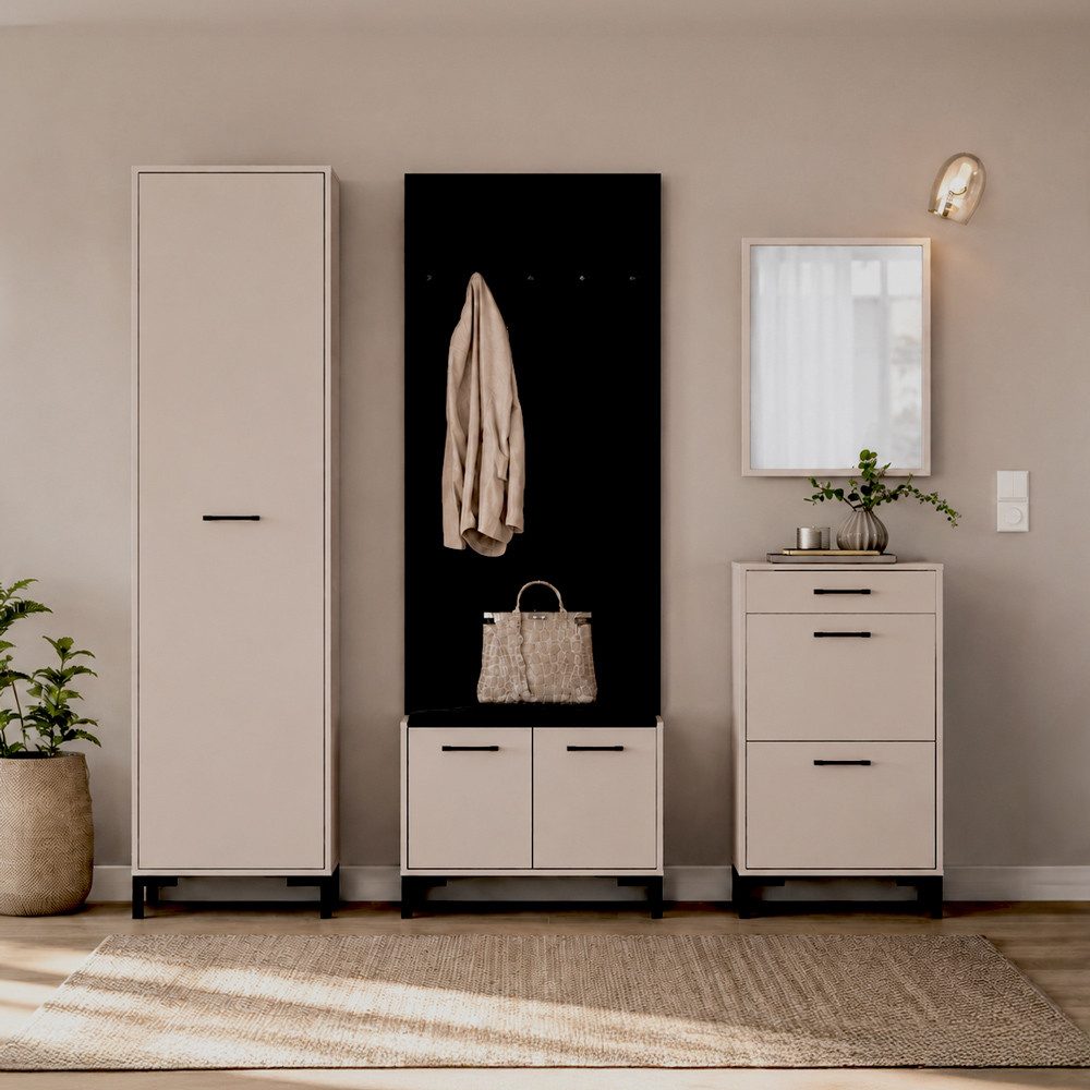 Lomadox Garderoben-Set OLHAO-131, (Spar-Set, 5-St., Garderobenschrank Paneel Schuhbank Schuhschrank Spiegel), in Kaschmir Beige, mit Spiegel, modern