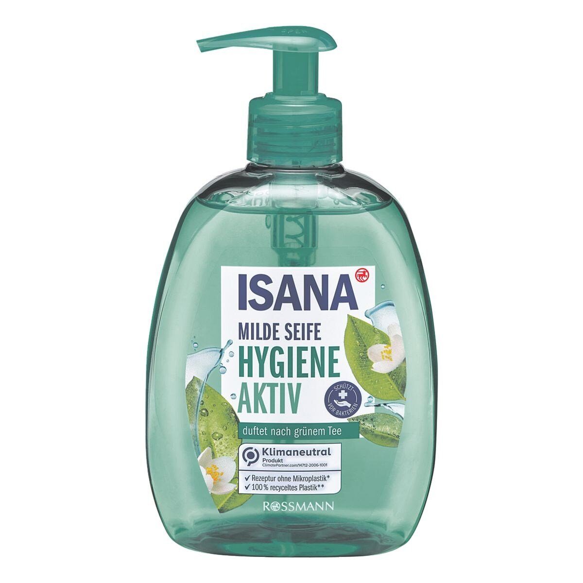 ISANA Flüssigseife Hygiene Aktiv (grüner Tee), mit antibakteriellem Wirkstoff- und Softpflege-Komplex, 500 ml