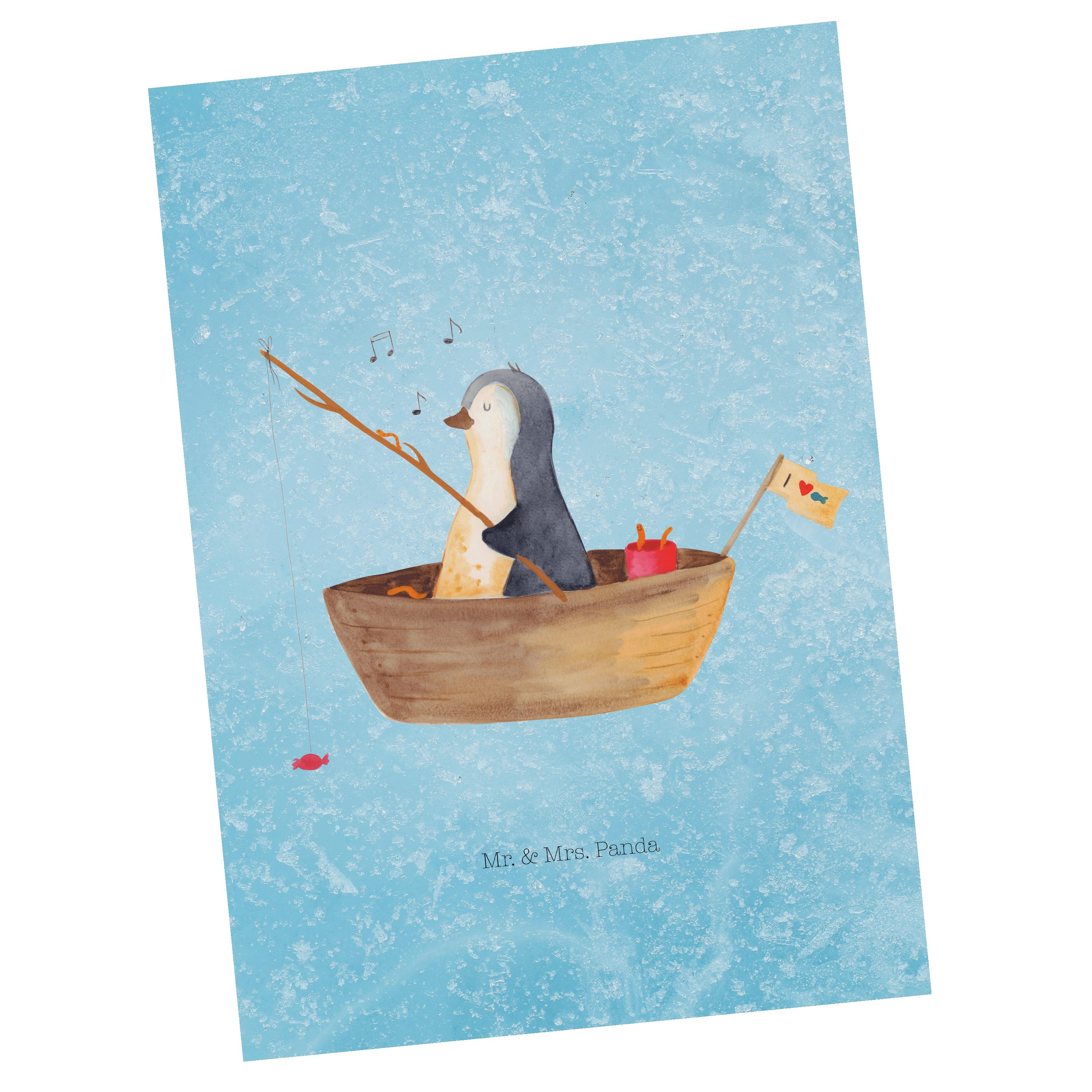 Postkarte Pinguin Geschenk, & Angelboot Mr. Mrs. Ne - - Eisblau Panda Ansichtskarte, Motivation,
