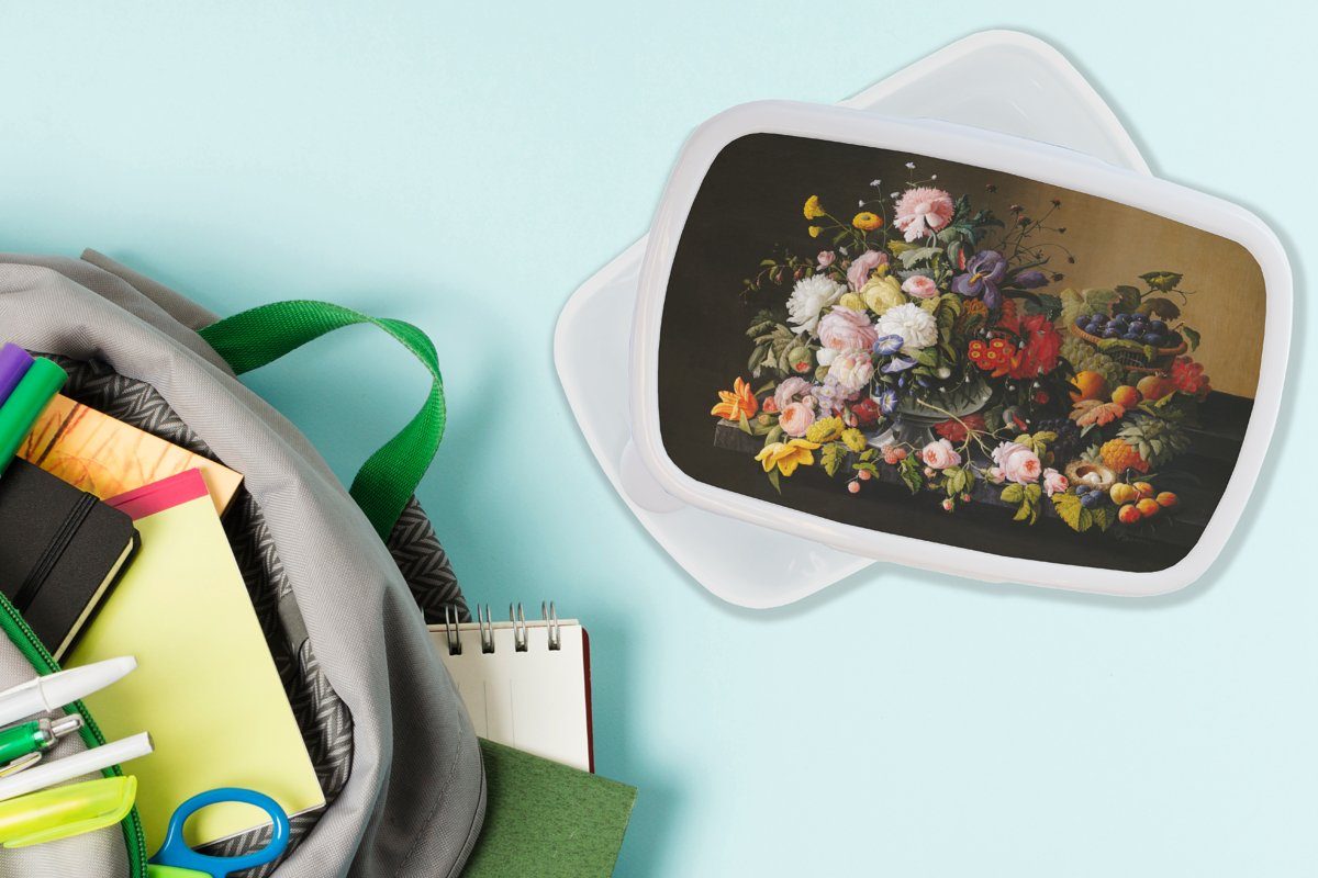 Lunchbox mit Brotbox Erwachsene, Stilleben für MuchoWow Alte und Jungs Brotdose, Meister, Mädchen (2-tlg), - - Blumen und Kunststoff, Kunstwerk Früchten und weiß Kinder für