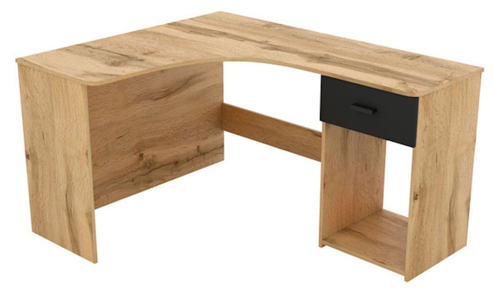 Helvetia Eckschreibtisch Cheb (Eckarbeitsplatte, 1 Schublade, 1 Fach, 1-St., moderne Optik, ergonomisch geformt), 155x125x75cm Wotan Eiche schwarz mit Schublade