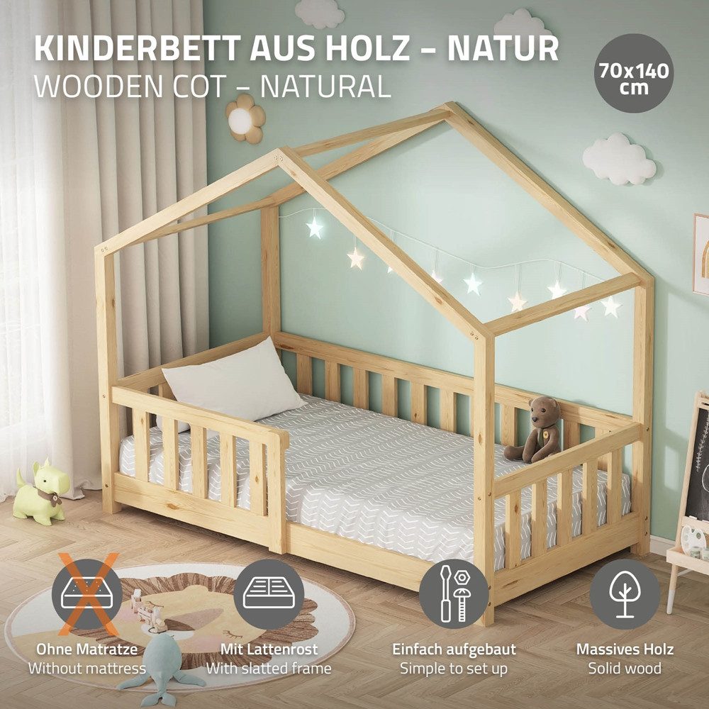ML-DESIGN Spielbett Hausbett Kinderbett inkl. Lattenrost & Rausfallschutz Kinder Bodenbett, Abenteuerbett 70x140cm Haus Bett Himmelbett Kiefer Jugendbett Natur – Bild 2 von 5