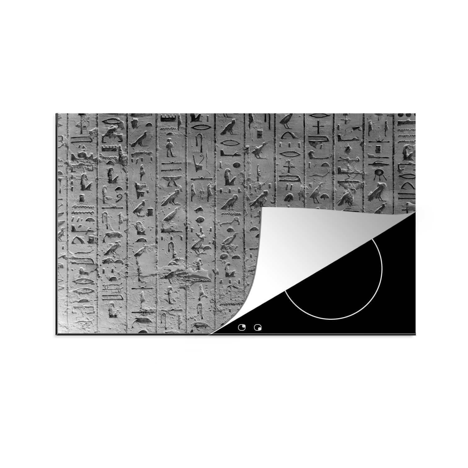 MuchoWow Herdblende-/Abdeckplatte Hieroglyphen - Ägypten - Schwarz - Weiß, Vinyl, (1 tlg), 81x52 cm, Induktionskochfeld Schutz für die küche, Ceranfeldabdeckung