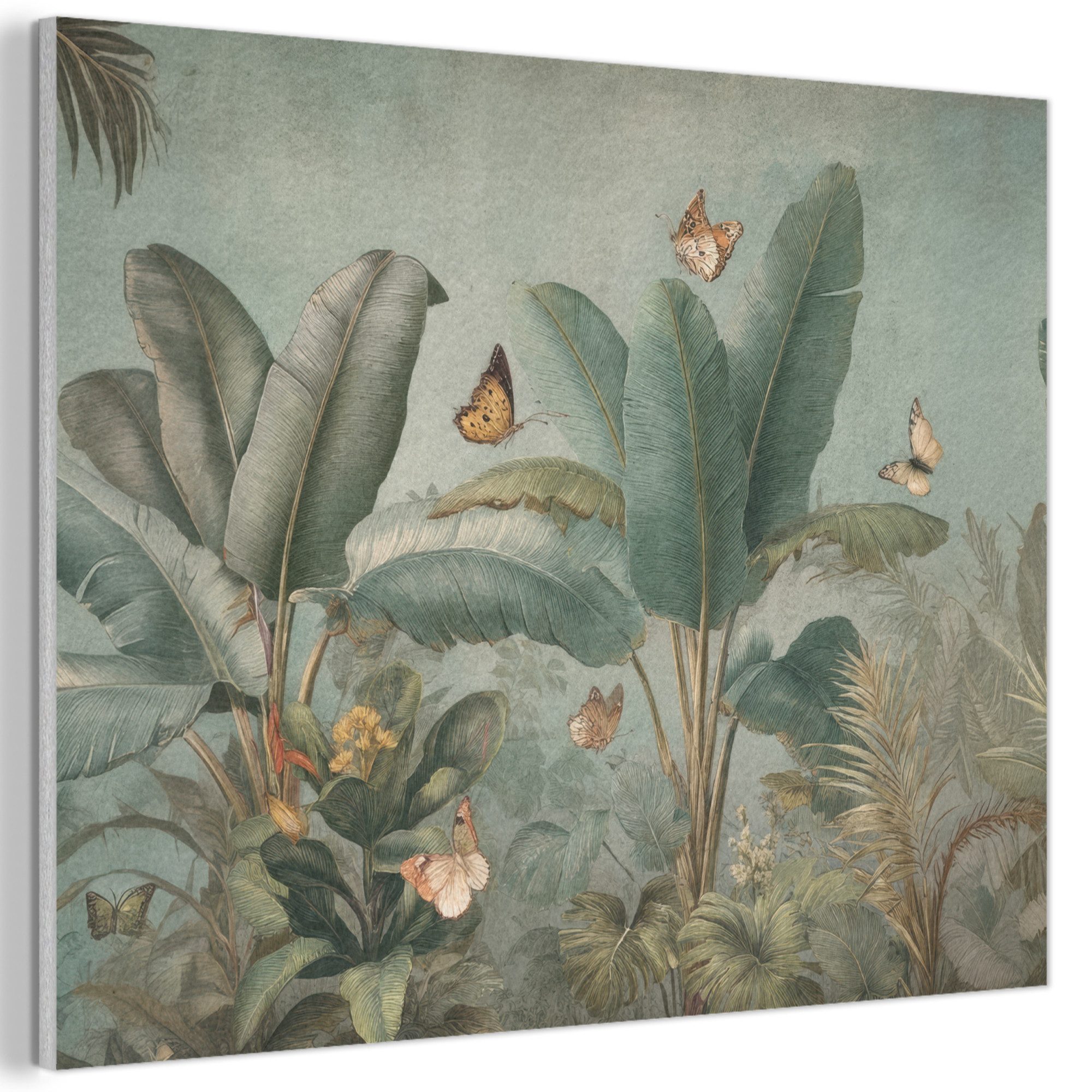 MuchoWow Gemälde Tropisches Blattwerk - Schmetterlinge - grün - braun, Fotodruck (1 St), Akustikpaneele PET-Filz, Akustikbild, Schalldämmung, Deko 40x30 cm