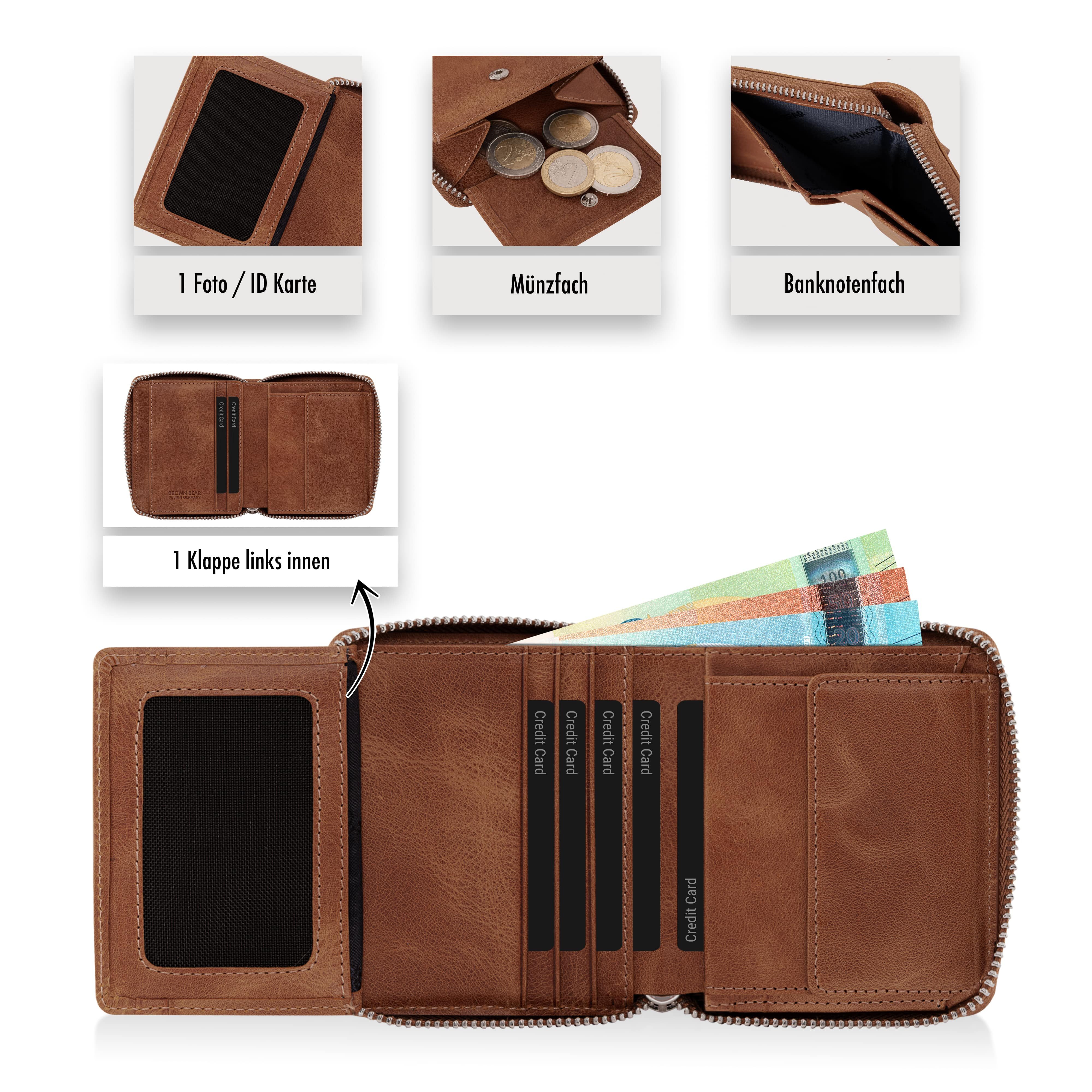 Brown Bear Geldbörse Max aus Echtleder mit umlaufendem Reißverschluss, mit RFID-Schutz und 7 Kartenfächern Farbe Braun-Vintage