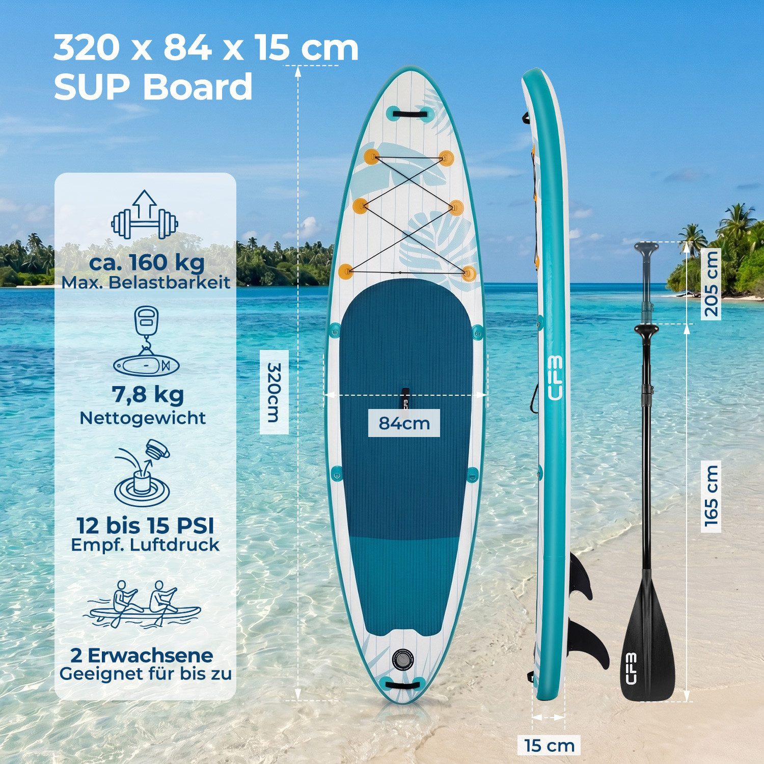 CFB SUP-Board Set 320x84x15 cm extra breit, 160 kg Traglast, aufblasbares Stand Up Paddle Board, (Komplett-Set, mit Paddel, Pumpe, Rucksack, 5L Dry Bag und Schultergurt), für Anfänger und Erwachsene