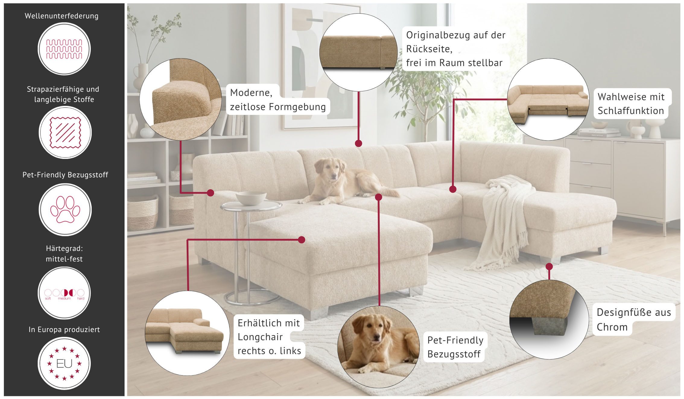 OTTO home Wohnlandschaft Lolland 296 x 195 cm, modern, mit Steppungen, mittelfester Sitz, mit Schlaffunktion, U-Form, aus Pet Friendly Bezug – Bild 3 von 5