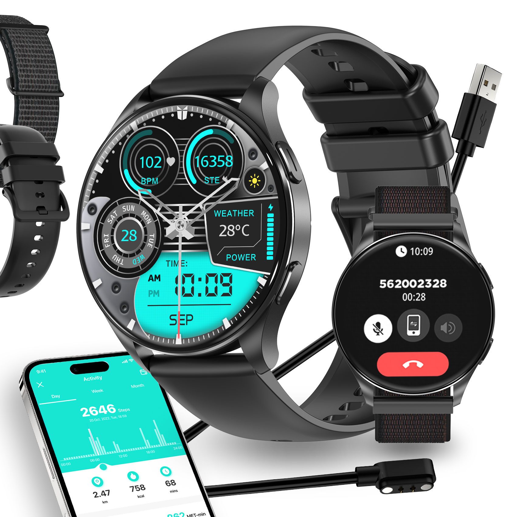 IOWODO Smartwatch Damen Herren Ultradünn, 5 Tage Akku,1,43" AMOLED, 2 Armband Smartwatch (1.43 Zoll, Android/IOS), 1-tlg., mit 120+ Sportmodi und Bluetooth-Anruf, WhatsApp Benachrichtigungen, SpO2,Herzfrequenz-und Schlafüberwachung,Schritten,Sprachassistent,IP68
