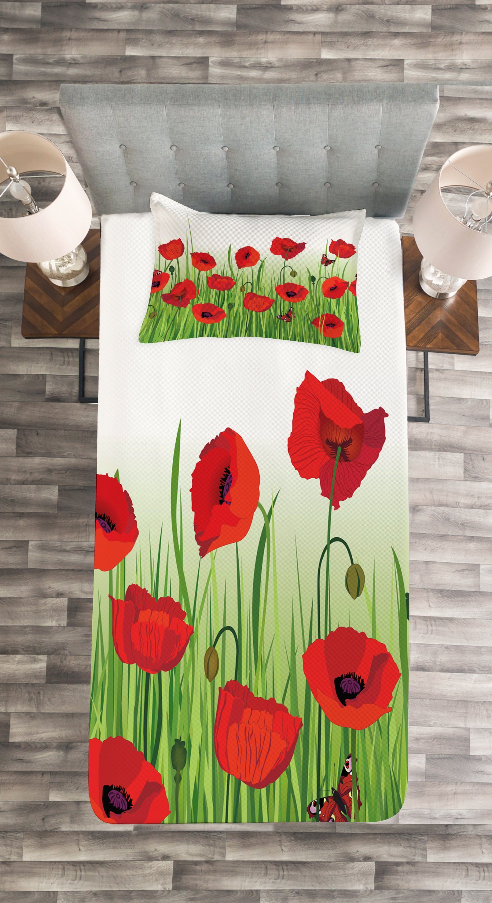 Set Floral Mohn Kissenbezügen mit Waschbar, Schmetterling Design Abakuhaus, Tagesdecke