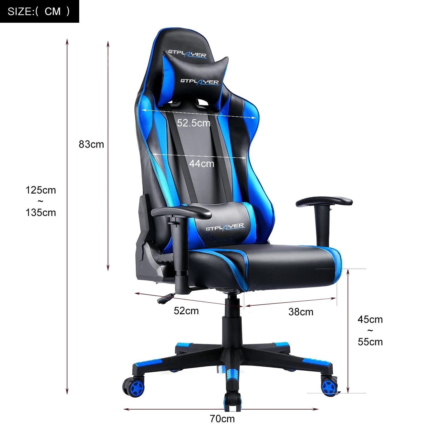 Bürostuhl und function reclining Gaming-Stuhl supports Nackenkissen, waist GTPLAYER Design The inkl. the blau Ergonomische Lenden-