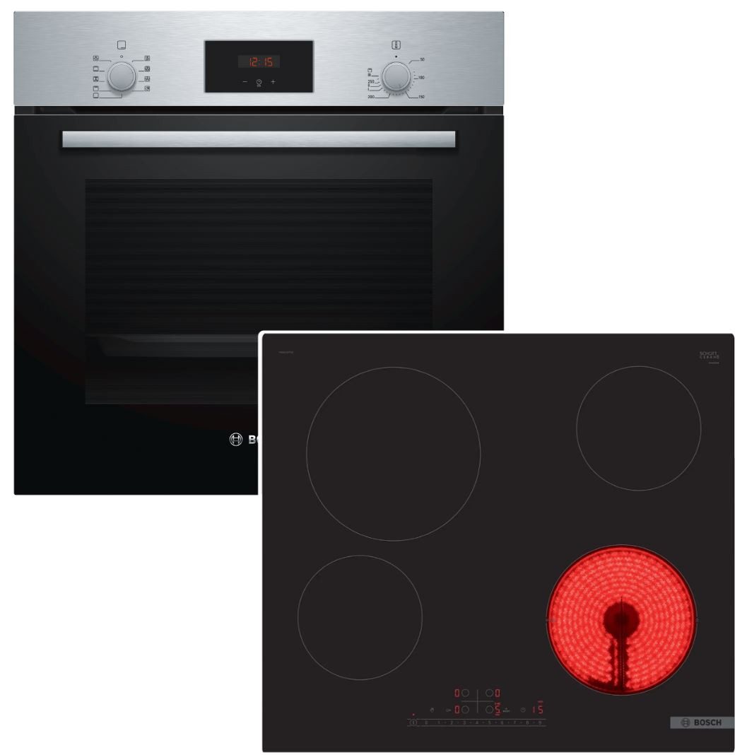 BOSCH Backofen-Set Schnellaufheizung Teleskop + Glaskeramikkochfeld Booster autark 60 cm