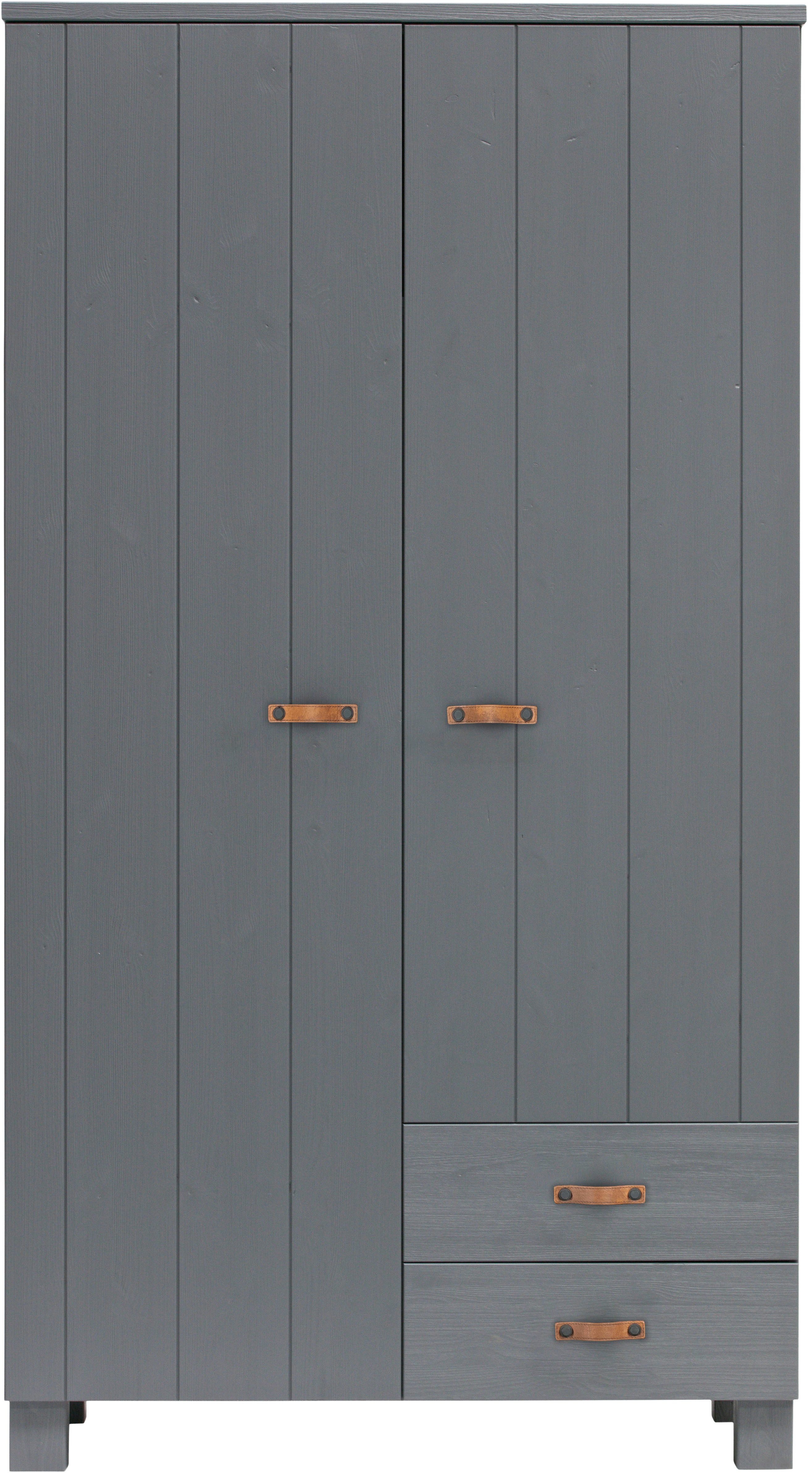 WOOOD Kleiderschrank Dennis mit gebürsteter Oberfläche und Schubladen (2-türig) FSC® Massivkiefer, gebürstet, Hang- und Legbereich mit Schubladen