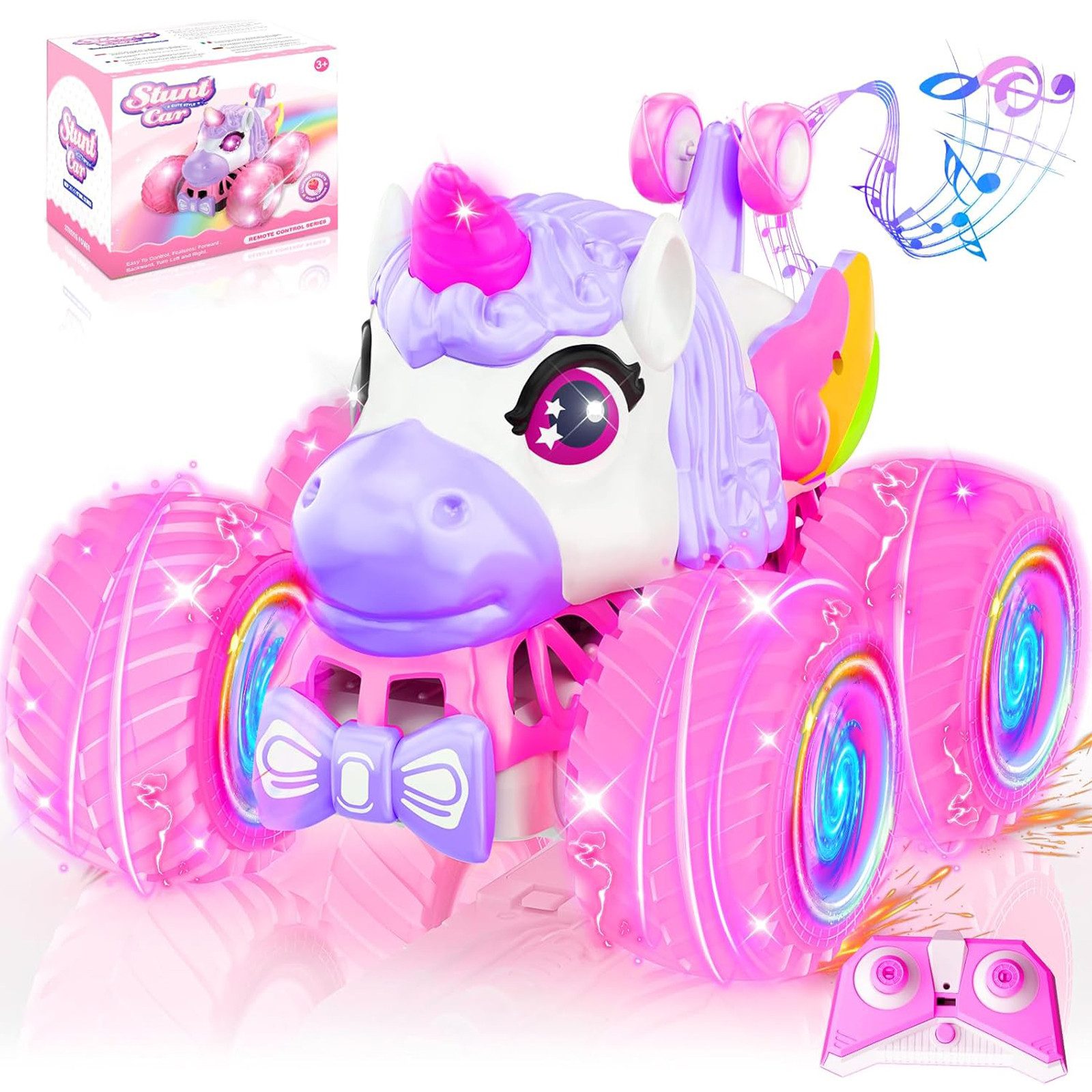 OKWISH RC-Auto 2.4GHz Einhorn 360° Drehung LED Ferngesteuertes Auto (Fernbedienung Spielzeug Auto USB Aufladung, 1-tlg., Spielzeugauto mit LED-Lichtern und Stunts), Weihnachten Geburtstags Geschenke für Kinder ab 3 Jahren