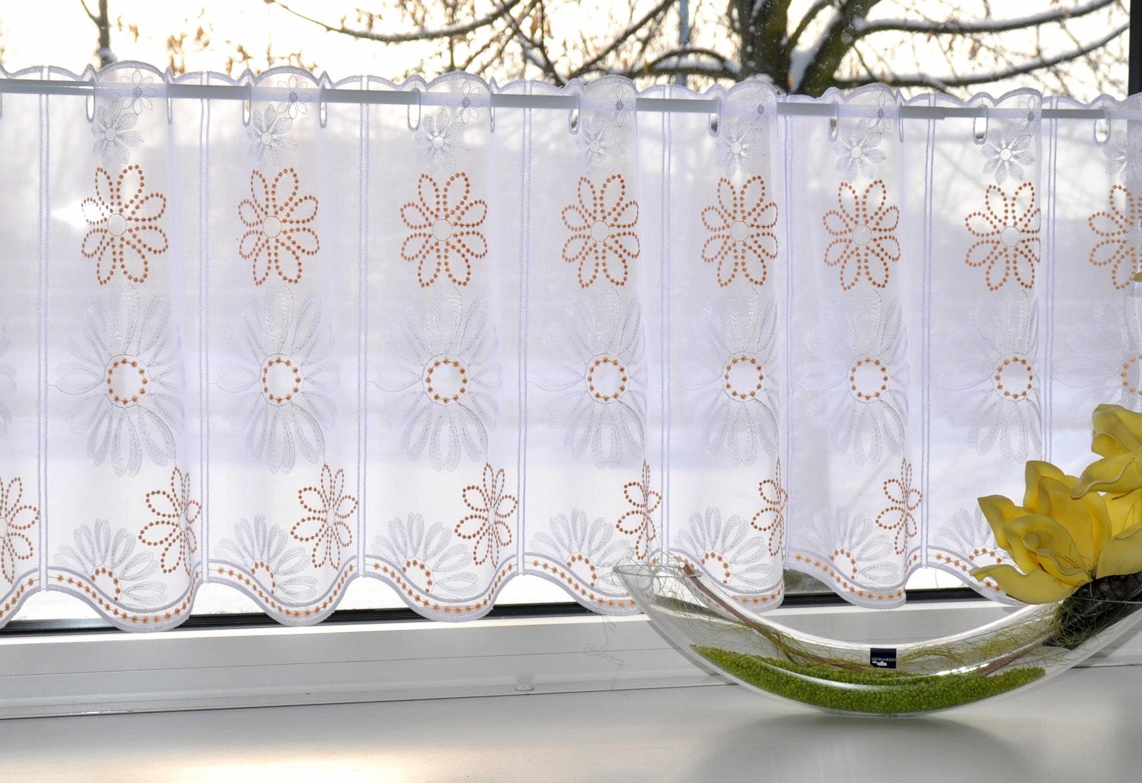 Scheibengardine Lilienzeit, Stickereien Plauen, Stangendurchzug (1 St), transparent, Voile weiß/beige