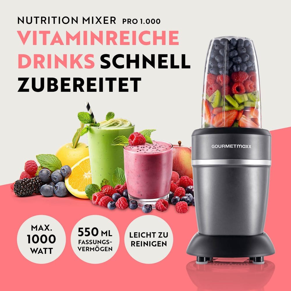 GOURMETmaxx Standmixer Mixer Becher 500ml 3-tlg. 1000W schwarz/Edelstahl, 1000 W, Shakes Smoothies Cocktails Dips Pesto pürieren zerkleinern mahlen