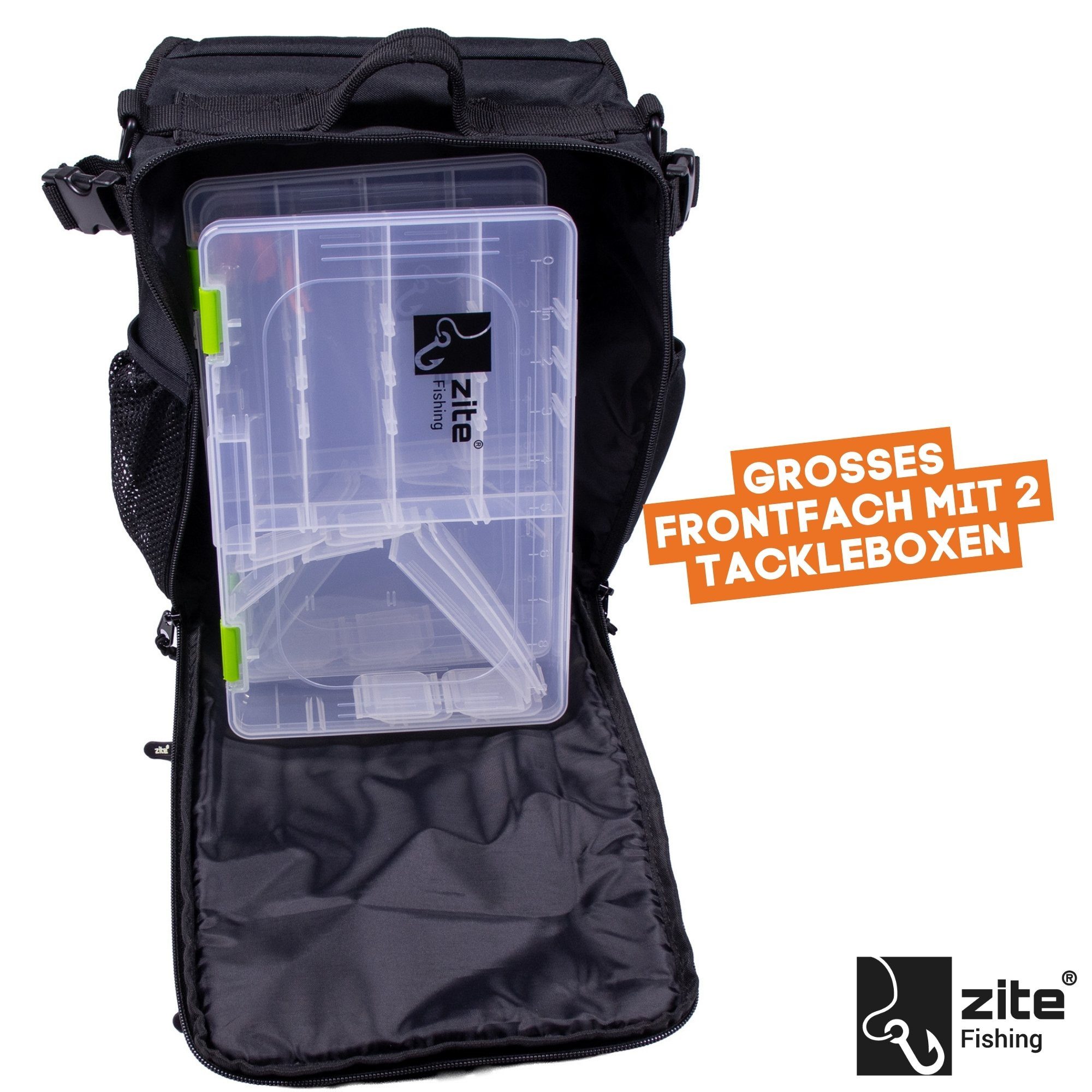 Zite Angelrucksack Sling-Rucksack 2 Tackleboxen 36 x 25 x 13 cm Angeltasche