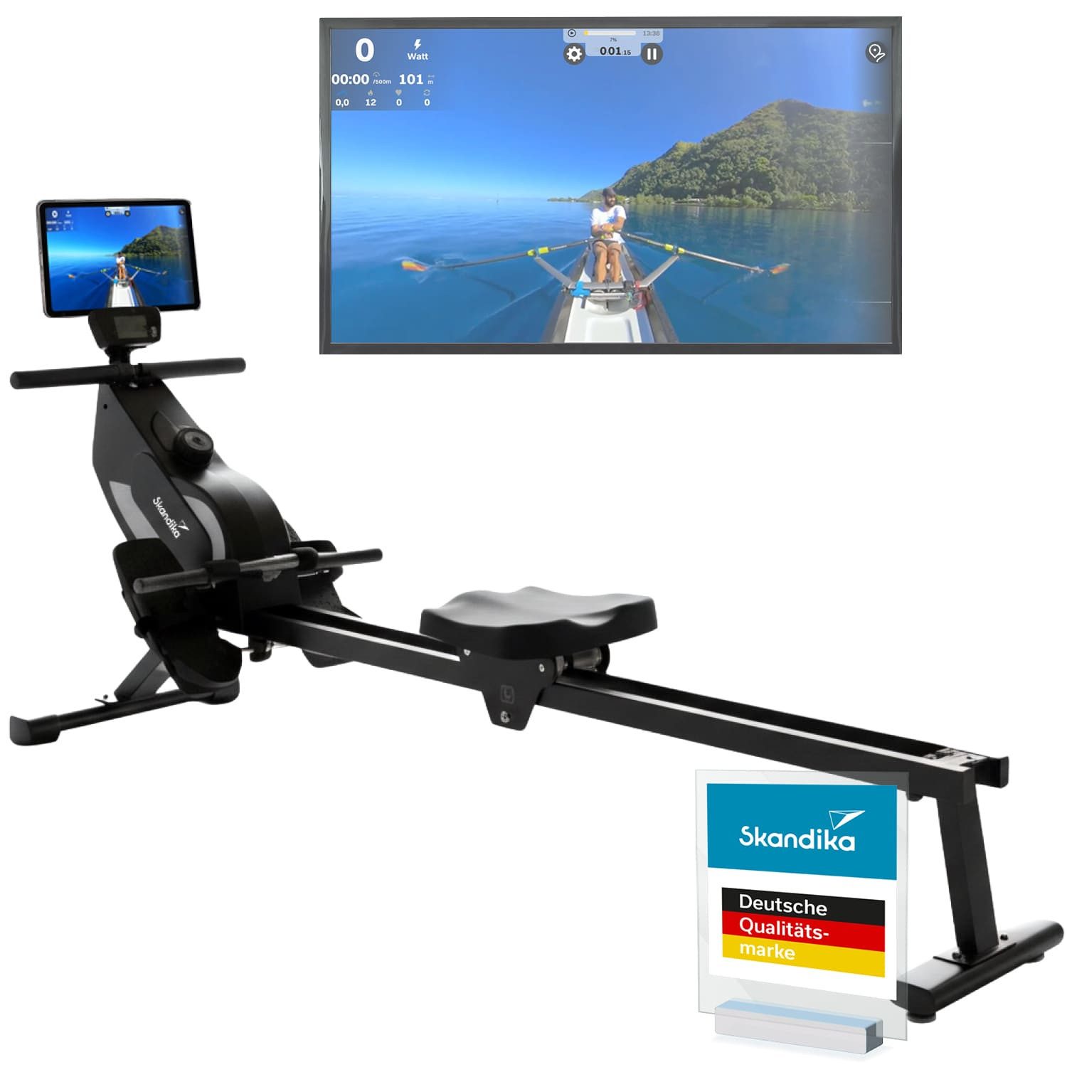 Skandika Rudergerät für Zuhause Venn P5-M, Magnetwiderstand, lange Laufschiene, 16 Stufen (Max. Körpergröße 210 cm, Aufstellfunktion für aufrechte Lagerung), Bluetooth, Kinomap App kompatibel, bis 135 kg, Transportrollen