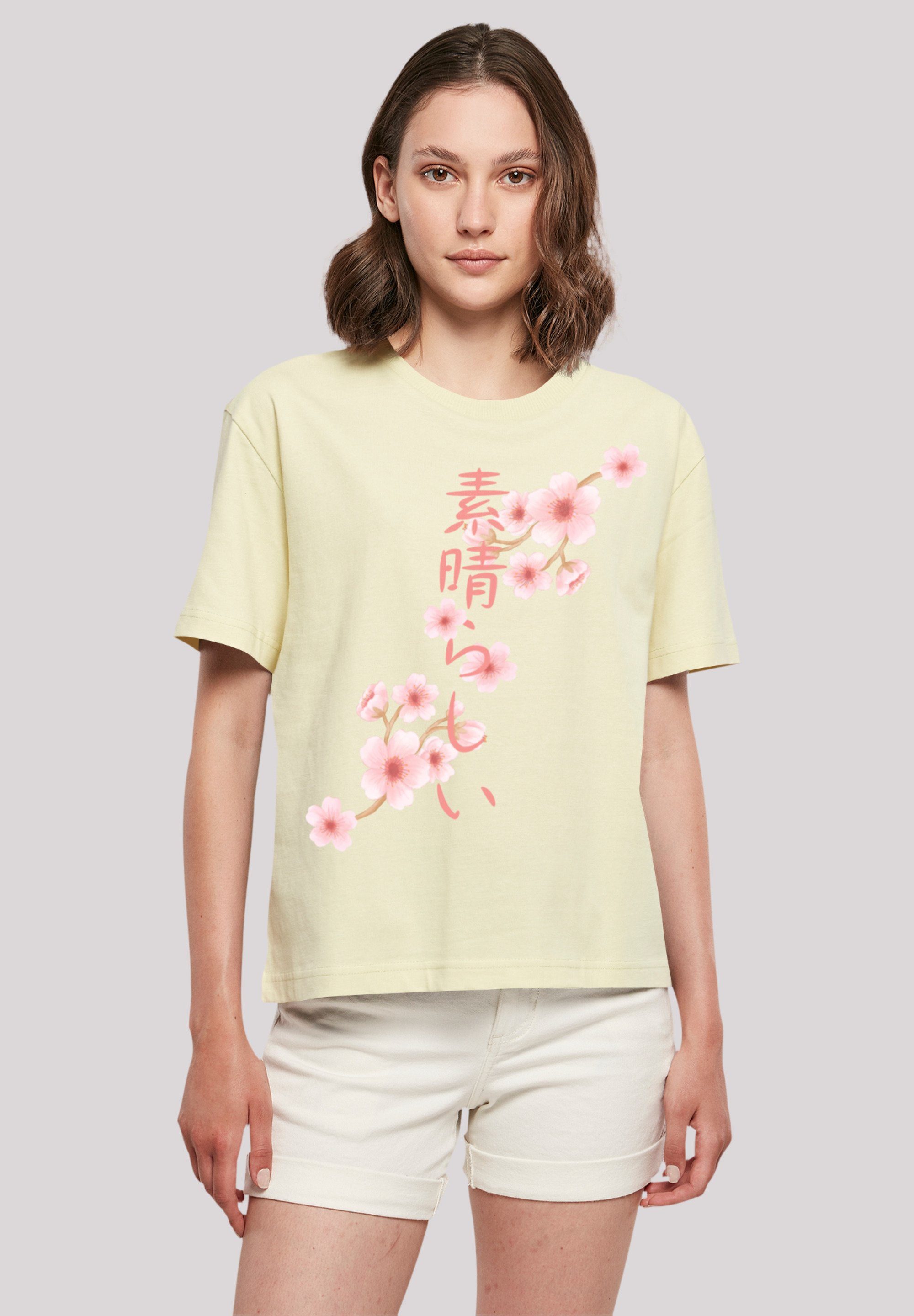 stylischen Print, Look Rundhalsausschnitt Gerippter T-Shirt Kirschblüten F4NT4STIC für