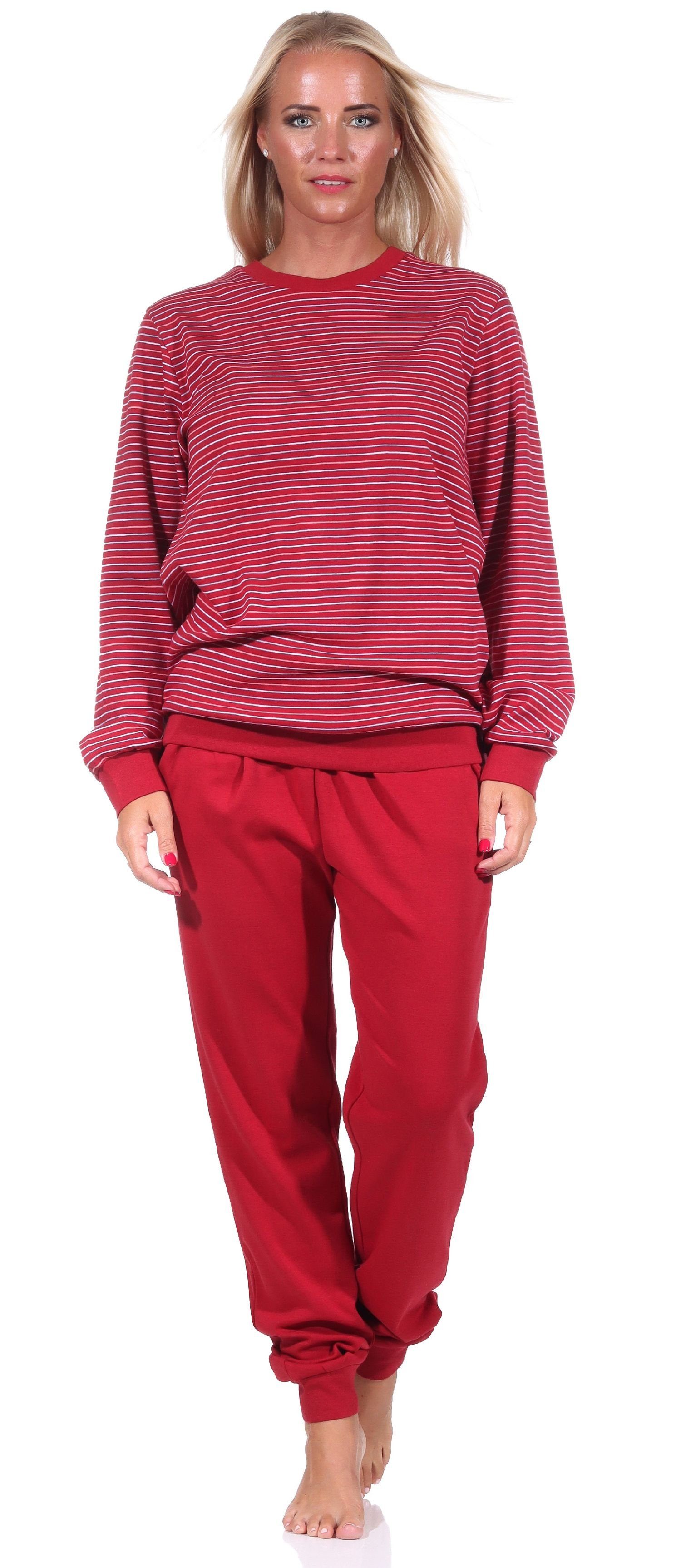 mit Streifenoptik Damen Normann Kuscheliger Bündchen rot Pyjama Interlock Schlafanzug in