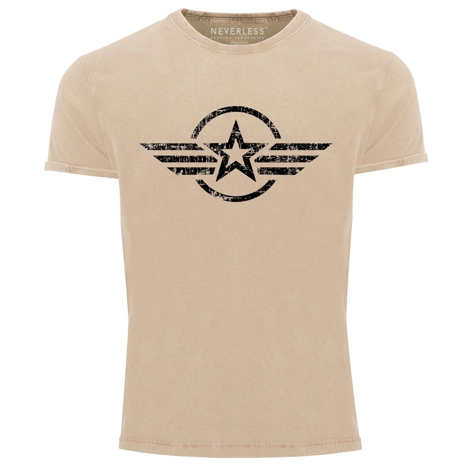 Neverless Print-Shirt Herren Vintage Shirt Airforce Stern Army Military  Aufdruck Printshirt T-Shirt Aufdruck Used Look Slim Fit Neverless® mit Print