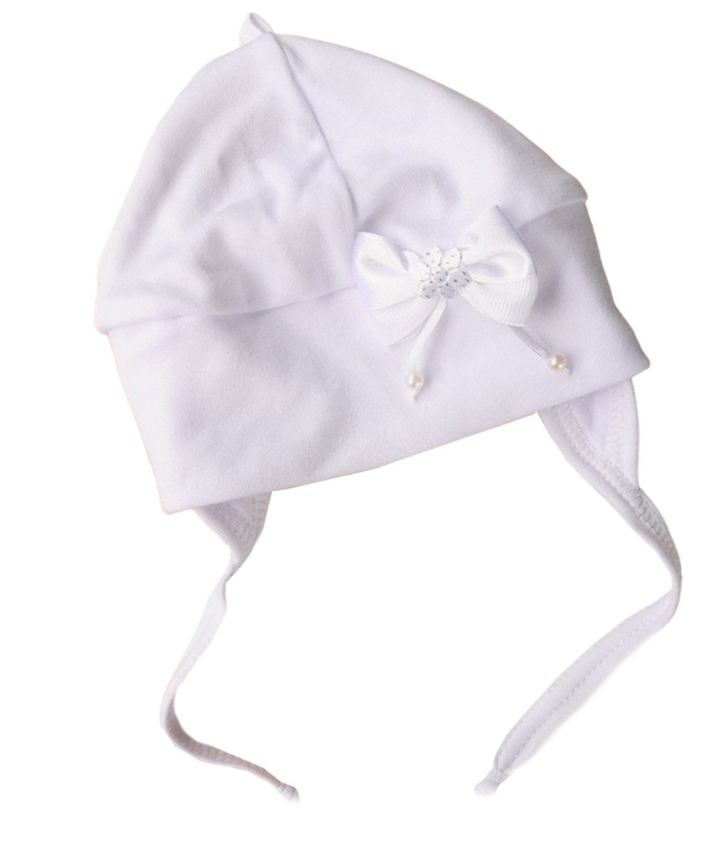 Erstlingsmütze Mütze Baby Mützchen Haube in Weiß mit Schleife