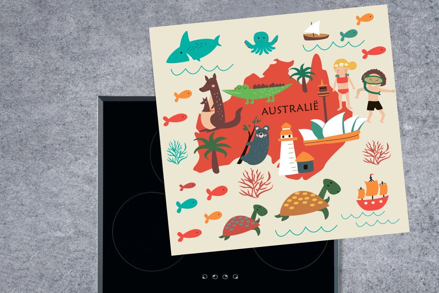 Vinyl, Kinder Ceranfeldabdeckung, - cm, MuchoWow Arbeitsplatte Australien Rot, Weltkarte - 78x78 tlg), für (1 küche Herdblende-/Abdeckplatte