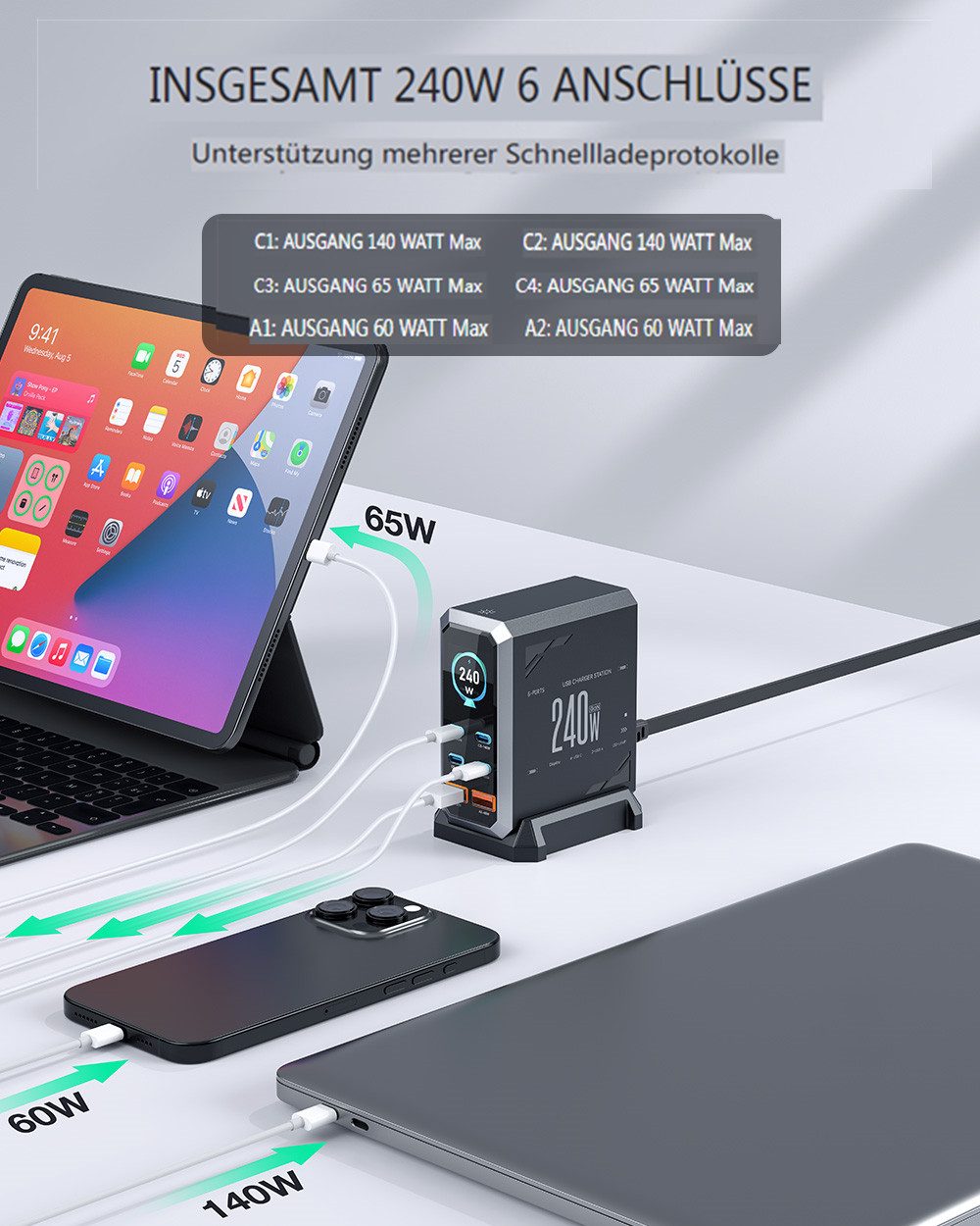 BLiTZWOLF USB-Ladegerät (5000 mA, 240W 6-Port USB-PD - 4×USB-C, 2×USB-A, QC/PD, Digitalanzeige, GaN-Technologie Schnelllade-Desktop-Ladestation)