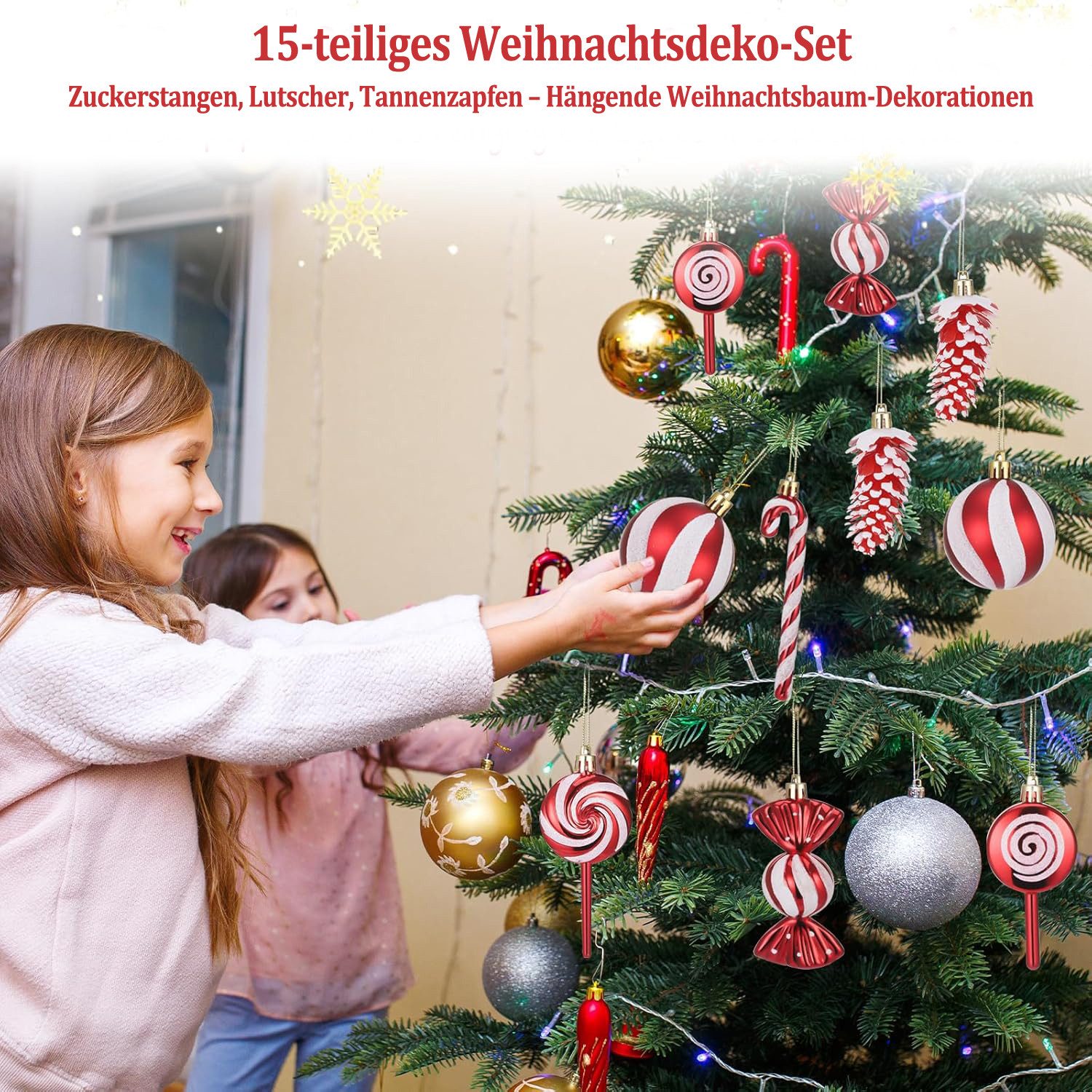 Coonoor Weihnachtsbaumkugel 15-teiliges Weihnachtskugel-Set, Christbaumanhänger, Zuckerstangen, Tannenzapfen, Lutscher, Weihnachtskugeln