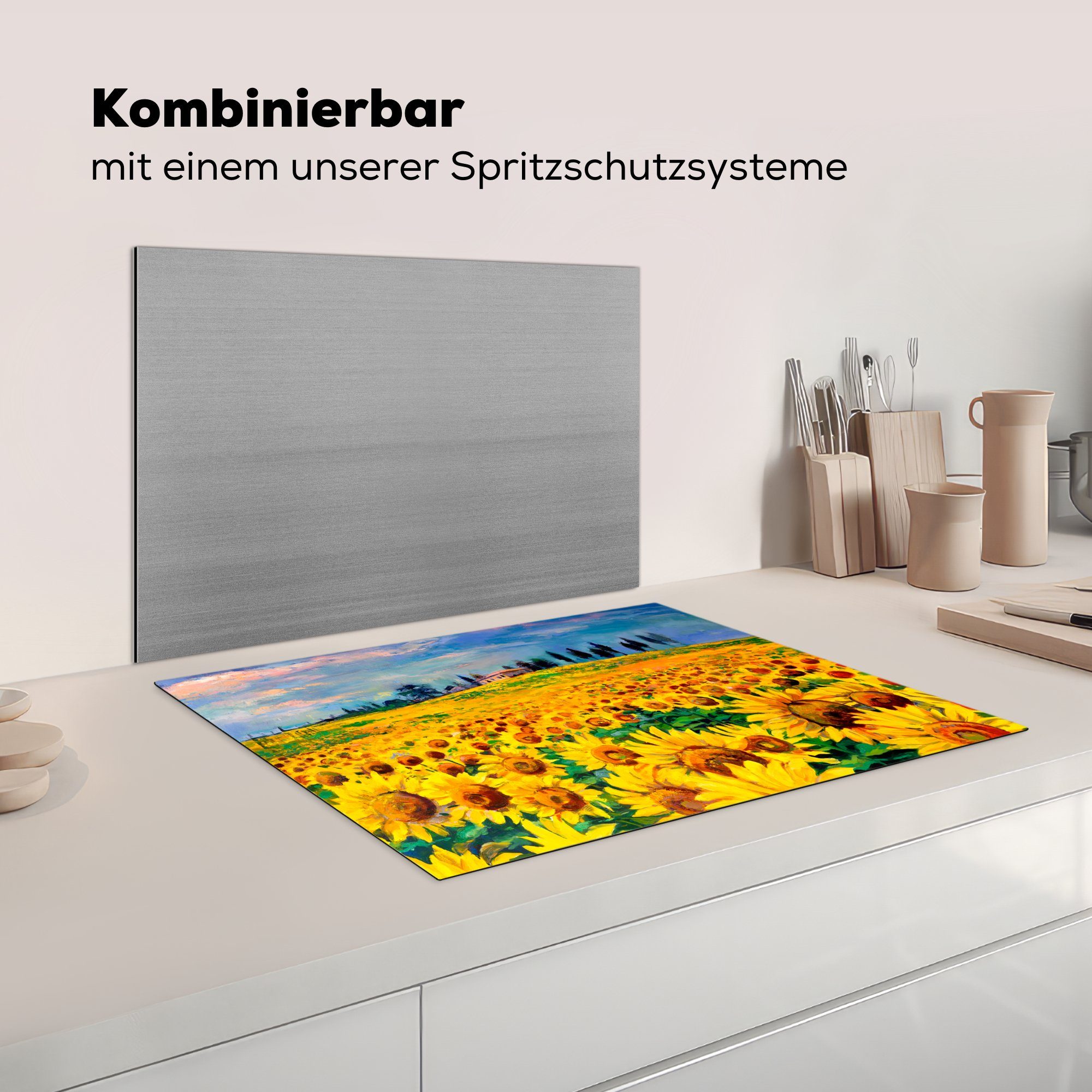 tlg), nutzbar, (1 MuchoWow - Vinyl, 70x52 Mobile Arbeitsfläche Herdblende-/Abdeckplatte Sonnenblume, Gemälde cm, Ceranfeldabdeckung - - Ölfarbe Blumen