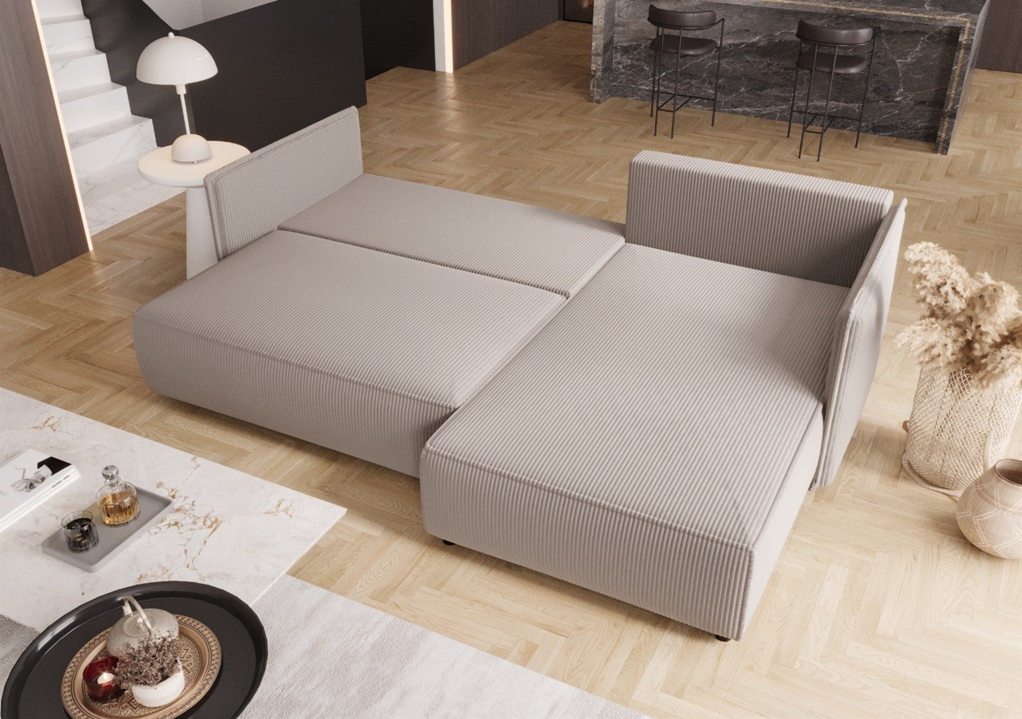 Fun Möbel Ecksofa Schlafsofa Sofa DEKOS in Cordstoff POSO, inkl. 3 Zierkissen und Bettkasten, Bettkasten, Rundumbezug