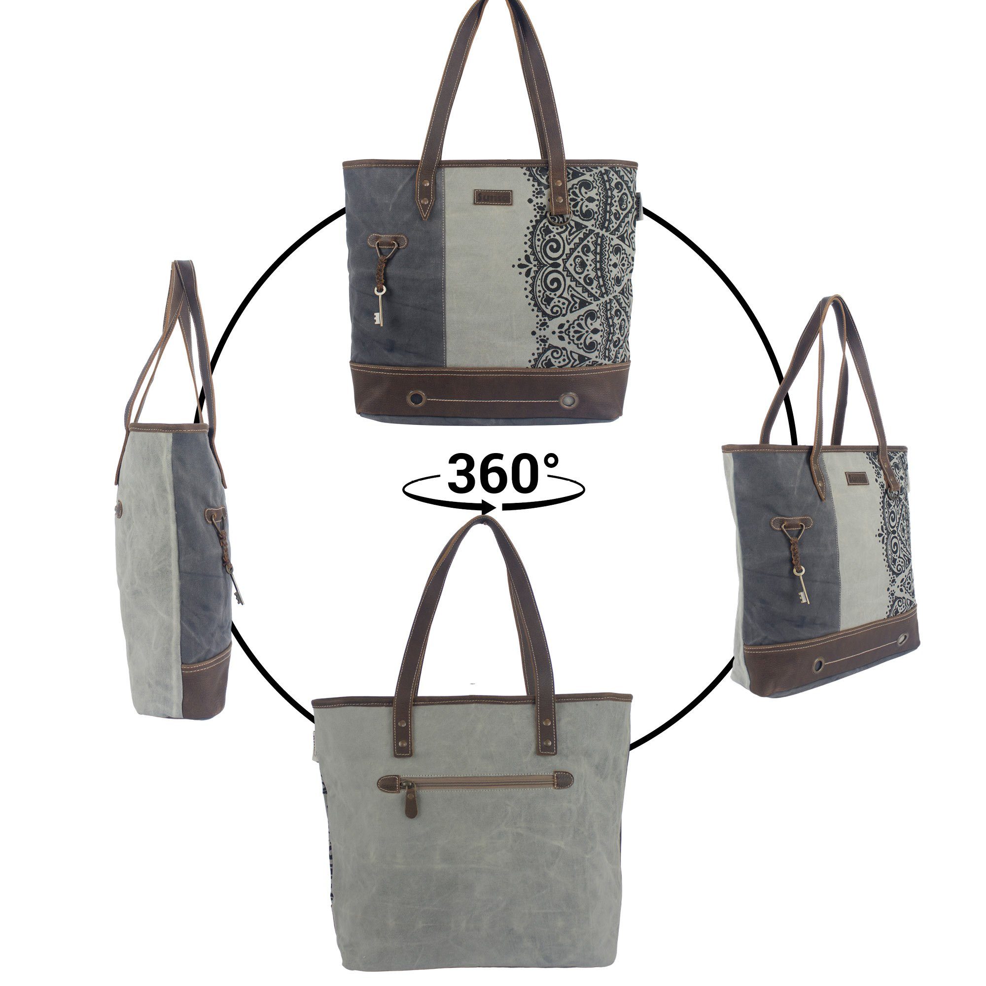 Tasche Damen Handtasche Mandala grau/ Sunsa 52507 Große schwarz Tote model Canvas Handtasche. Design. Schultertasche mit