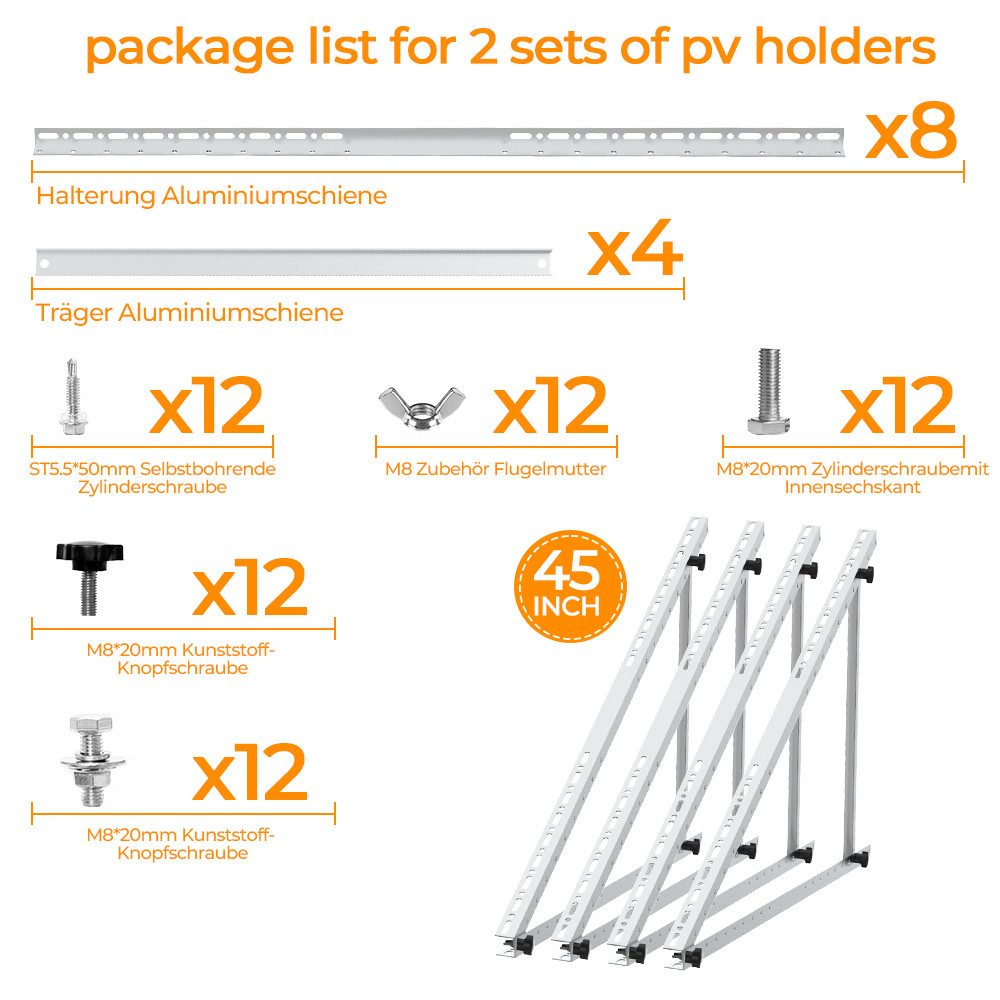GLIESE Solarmodul-Halterung Solarmodule Halterung balkonkraftwerk halterung Neigungswinkel 0-90°, (bis 45 Zoll, 4-tlg., 114cm Solarmodule Halterung, für Balkonkraftwerk Flachdächern Garten Wohnmobile)