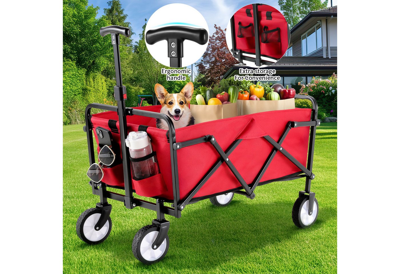 Thumbnail - TLGREEN Bollerwagen,Faltbar Handwagen, (Transportwagen klappbar Einkaufstrolley mit zwei Aufbewahrungstaschen, Campingwa...