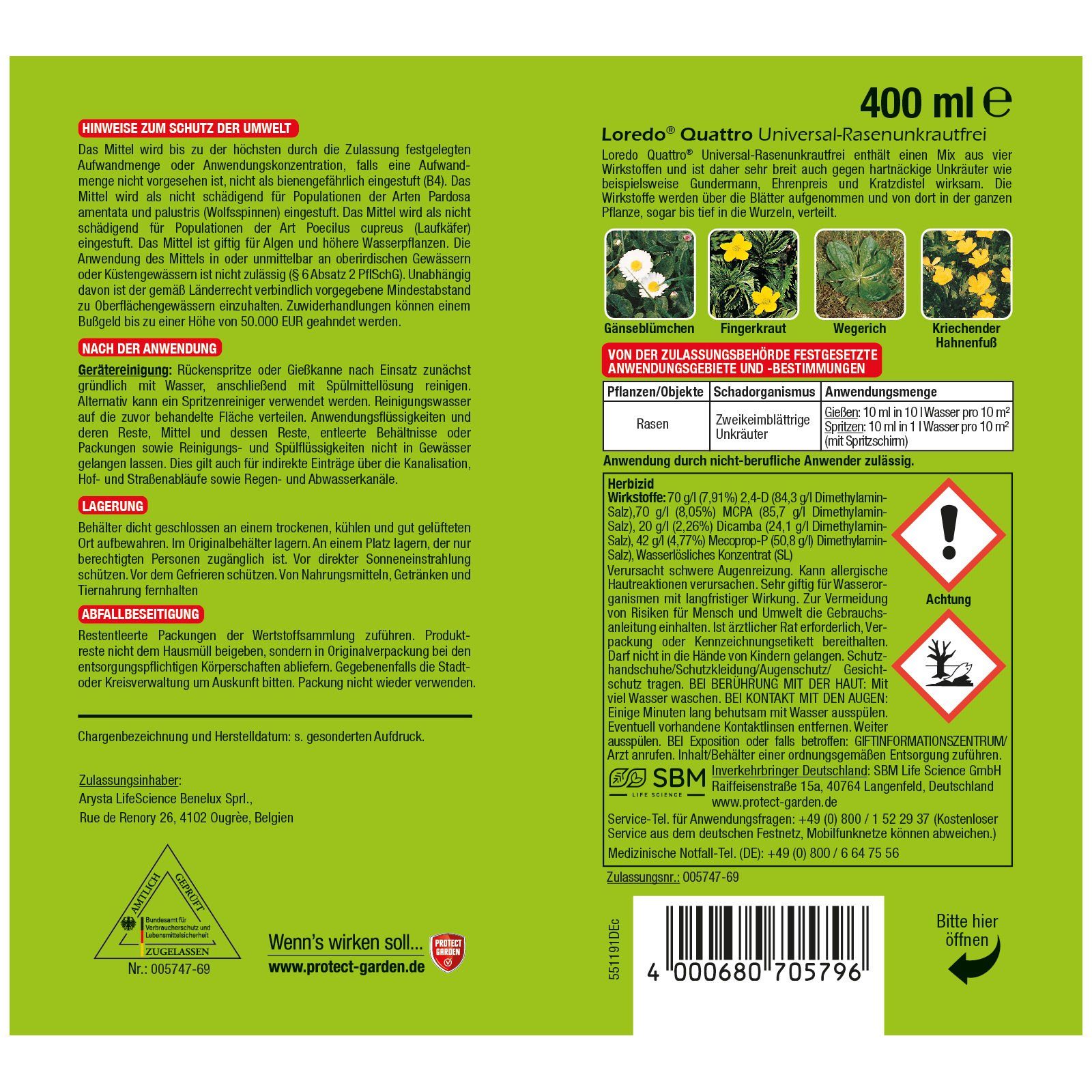 Protect Garden Unkrautbekämpfungsmittel Universal-Rasen Unkrautfrei Loredo Quattro 400 ml, 400 ml