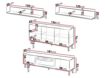 MIRJAN24 Wohnzimmer-Set Aruba I, (3er-Set, Kommode, Wandregal, TV-Lowboard mit Kamin), Metallfüße in der Farbe Schwarz