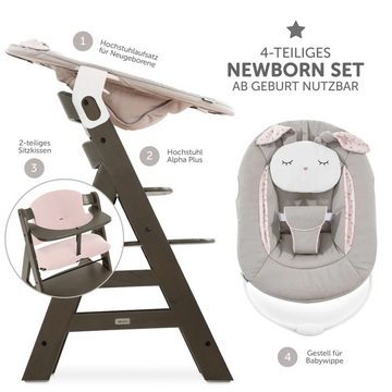 Hauck Hochstuhl Alpha Plus Select Charcoal - Newborn Set Powder Bu, Holz Babystuhl ab Geburt inkl. Aufsatz für Neugeborene & Sitzauflage