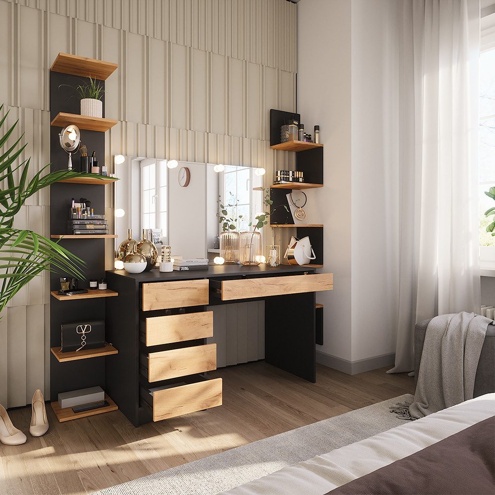 Vicco Schminktisch Sherry, Anthrazit/Goldkraft Eiche, 120 x 75 cm mit Spiegel & LED-Be...