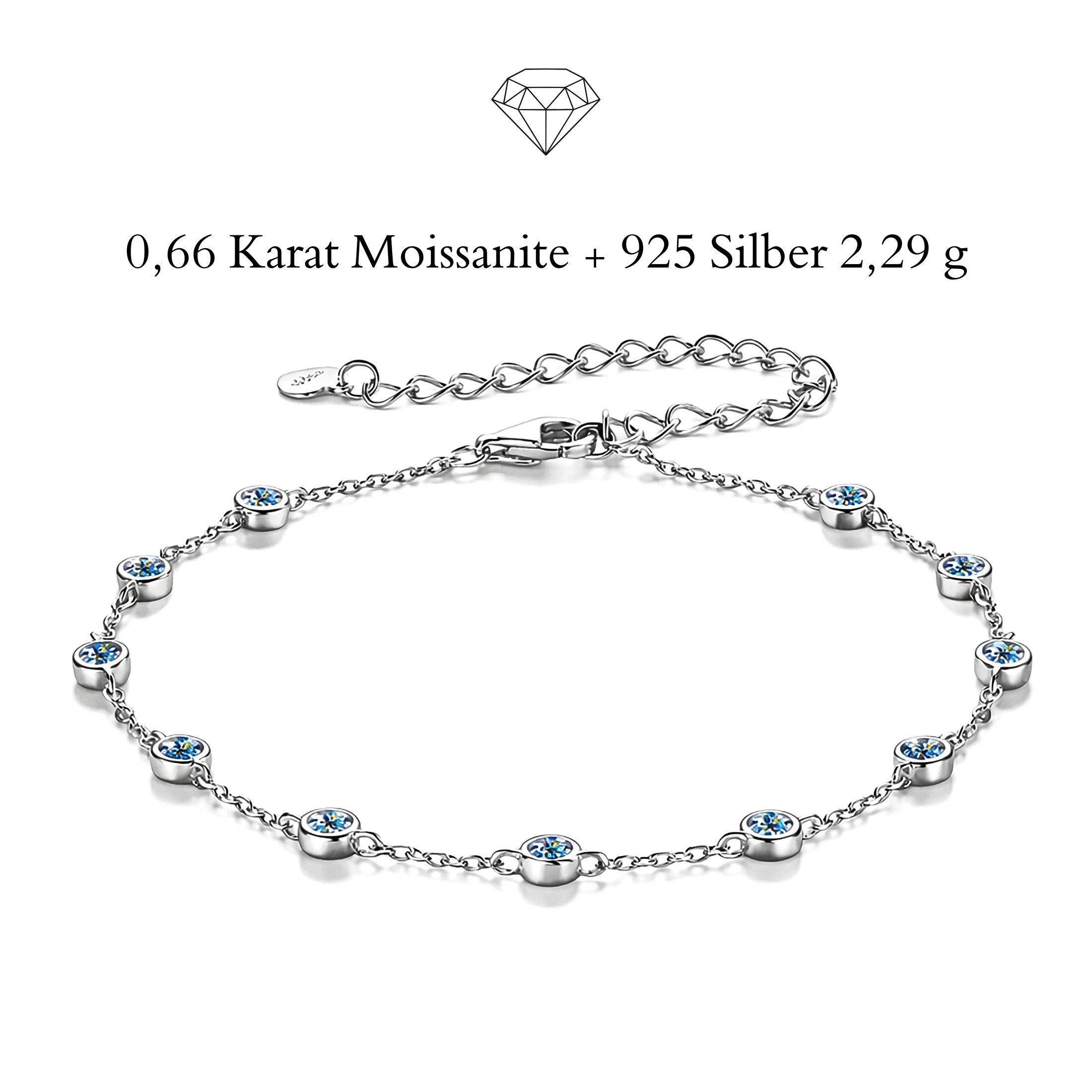 UNIQAL.de Silberarmband Damen 925 Sterling Silber mit Diamant Moissanit 0,66 Karat – CELESTA (Klassisches Silberarmband mit 11 Moissanit Steinen, 925 Sterling Silber Weißgold plattiert, inkl. Luxuriöse Schmuck Geschenkbox), Moissanit VVS1 Reinheit, GRA-Zertifikat, Armkette Geschenk für Damen