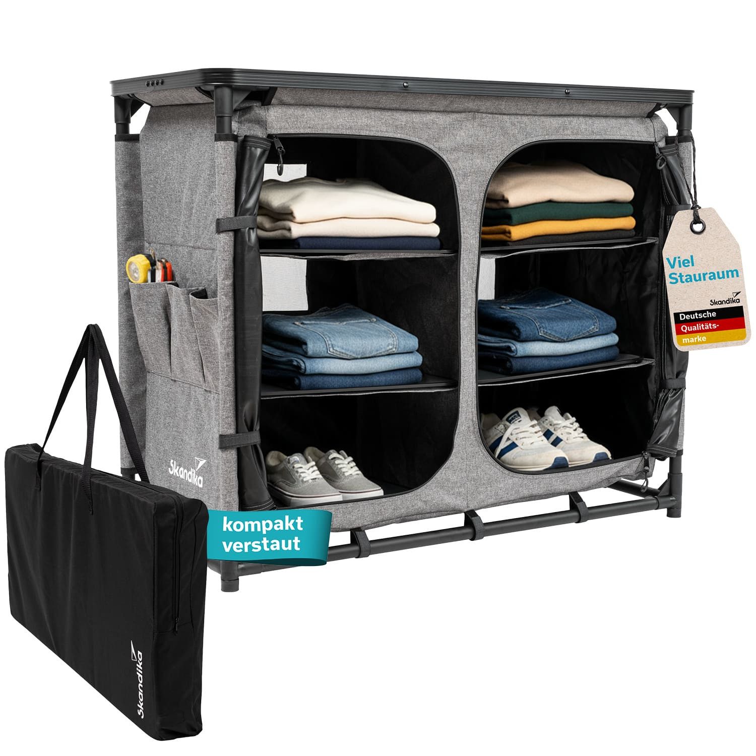 Skandika Campingschrank Ruoka, Hochschrank, Campingküche, Stecksystem ohne Werkzeug (Organizer-Taschen, Reißverschluss-Zughilfen, belastbar bis 50 kg) 6 Fächer mit Einlegeböden, Kleiderstange, Tragetasche, Kleiderstange